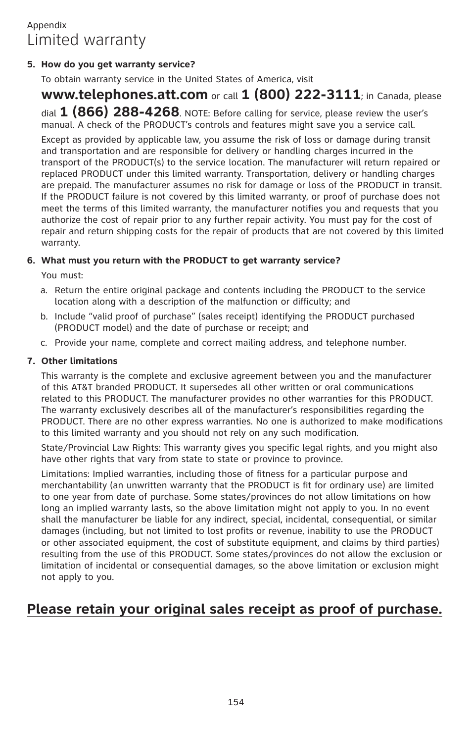 Limited warranty | AT&T TL86109 User Manual | Page 160 / 166
