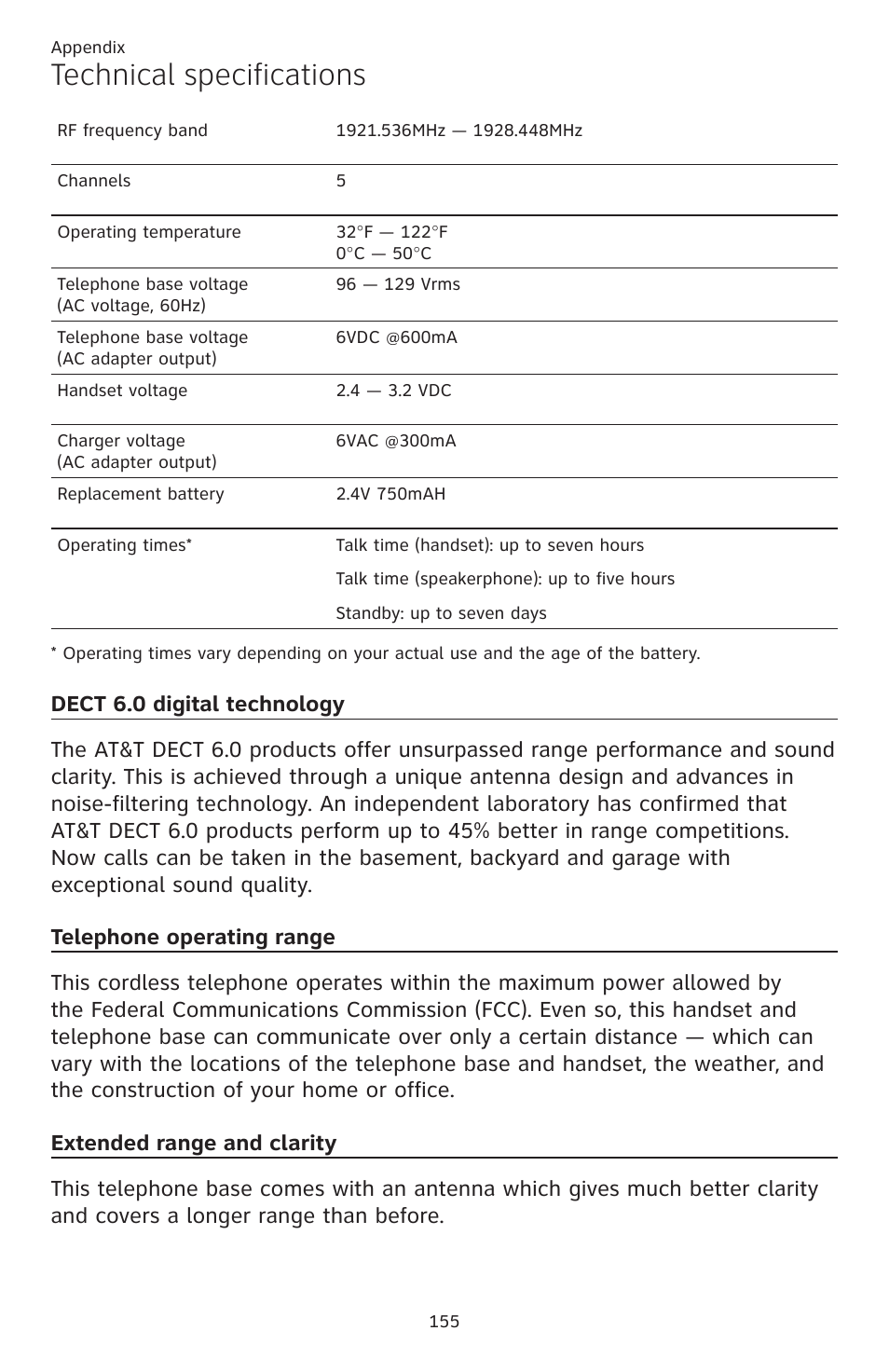 Technical specifications | AT&T TL86109 User Manual | Page 161 / 166