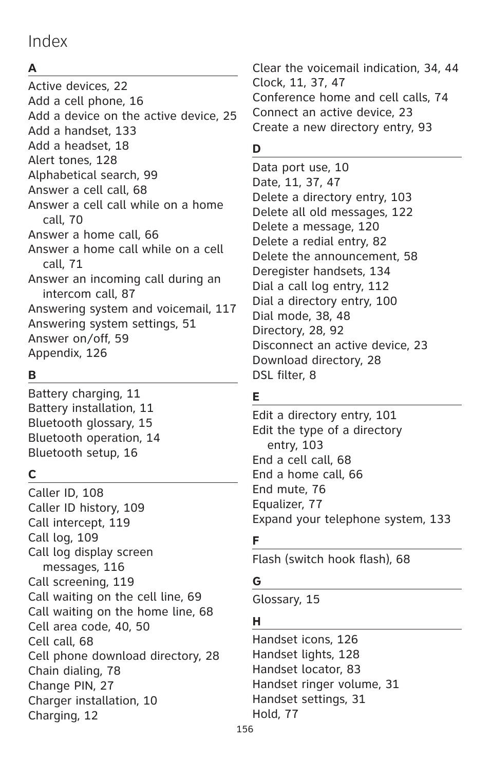 Index | AT&T TL86109 User Manual | Page 162 / 166