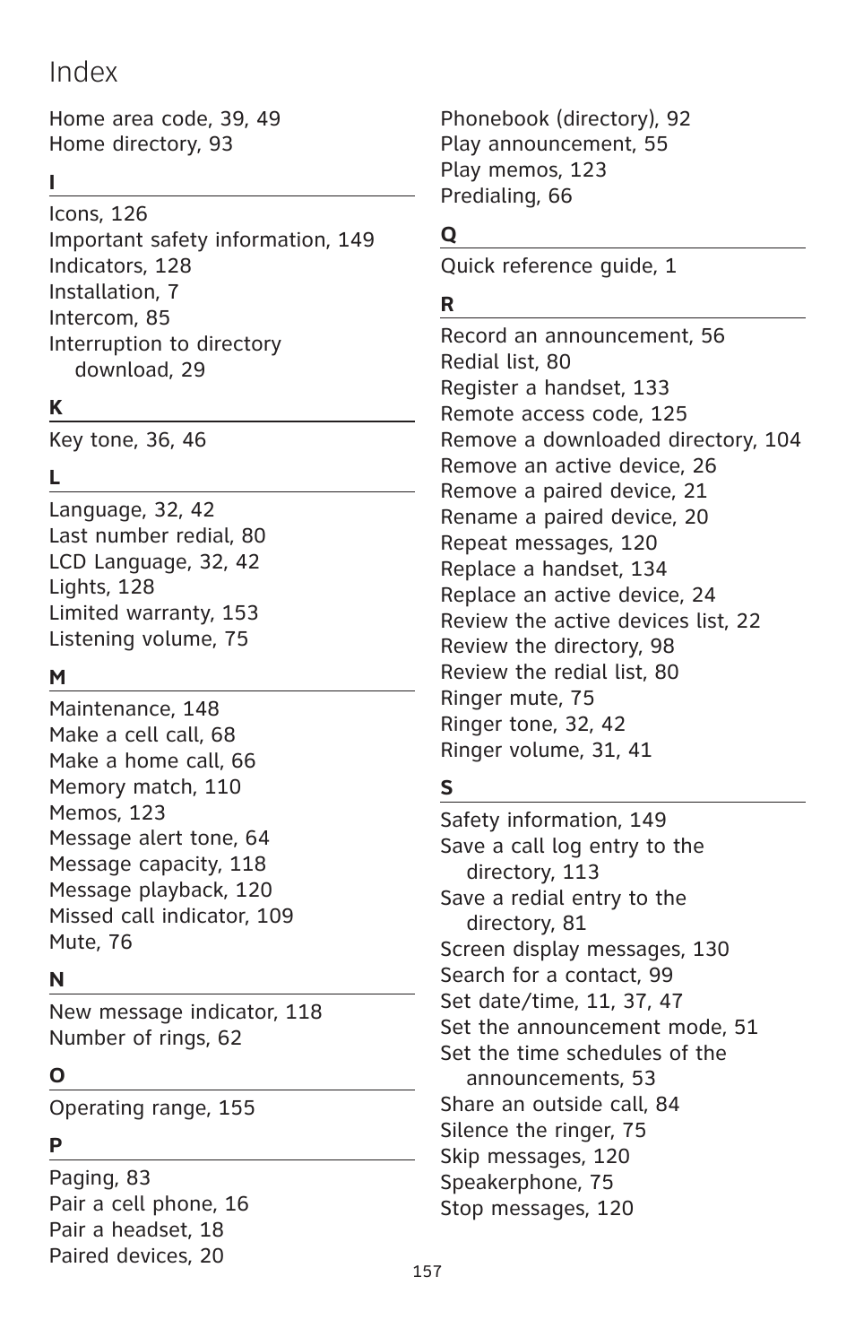 Index | AT&T TL86109 User Manual | Page 163 / 166