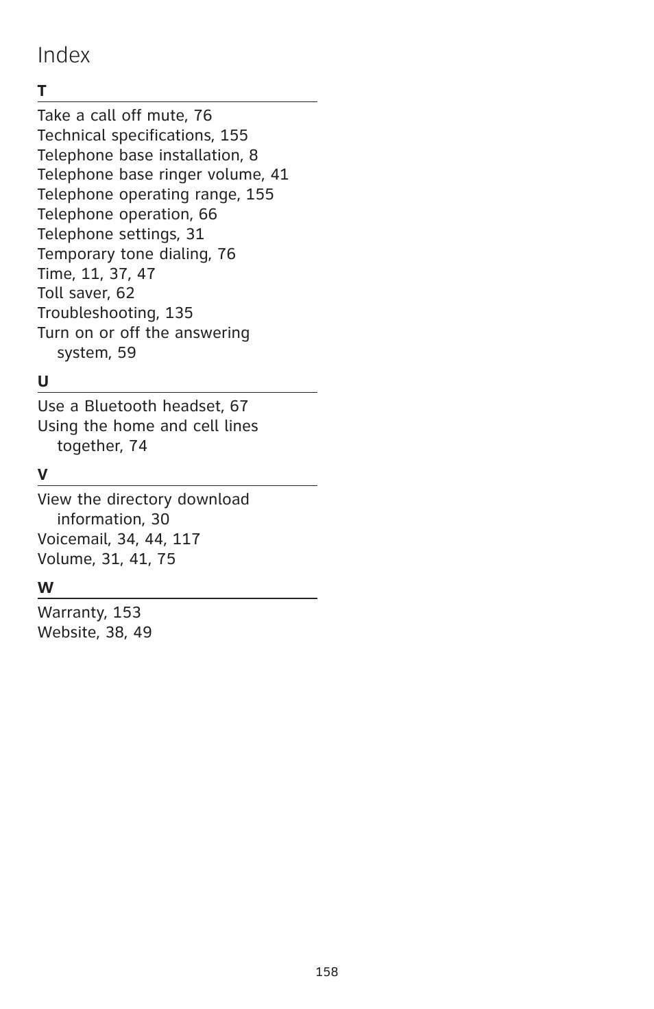 Index | AT&T TL86109 User Manual | Page 164 / 166