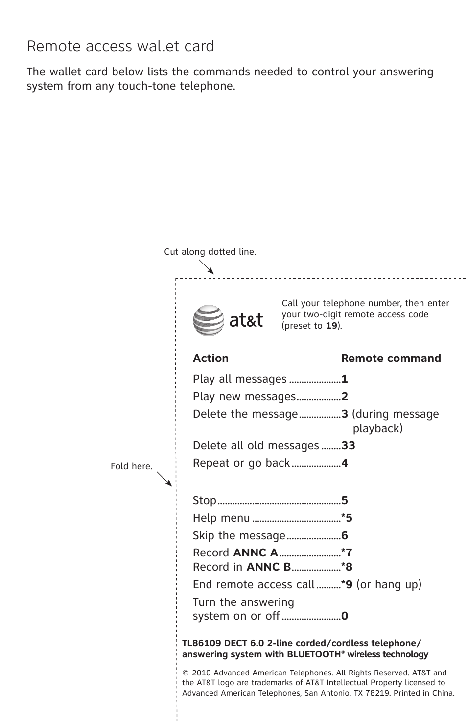 Remote access wallet card | AT&T TL86109 User Manual | Page 165 / 166