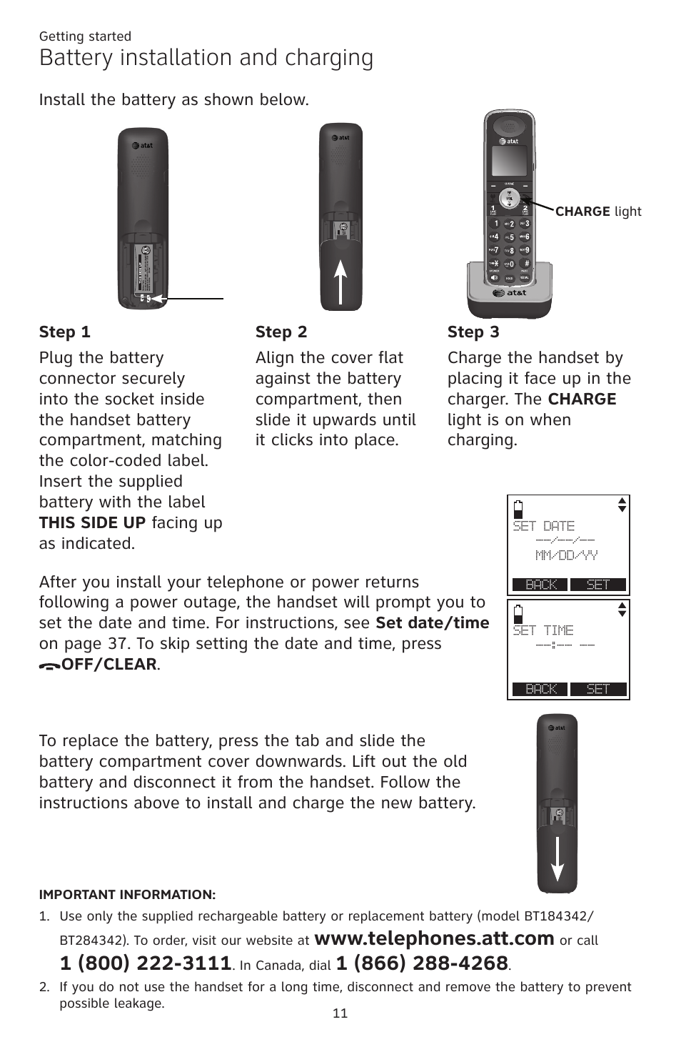 Battery installation and charging | AT&T TL86109 User Manual | Page 17 / 166