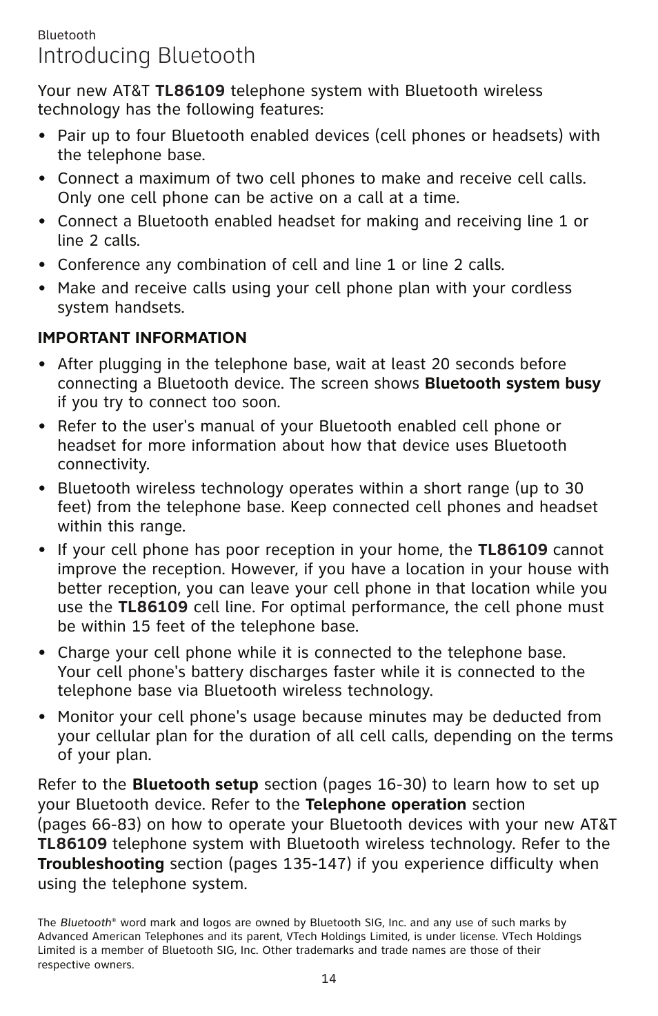 Bluetooth introducing bluetooth, Introducing bluetooth | AT&T TL86109 User Manual | Page 20 / 166
