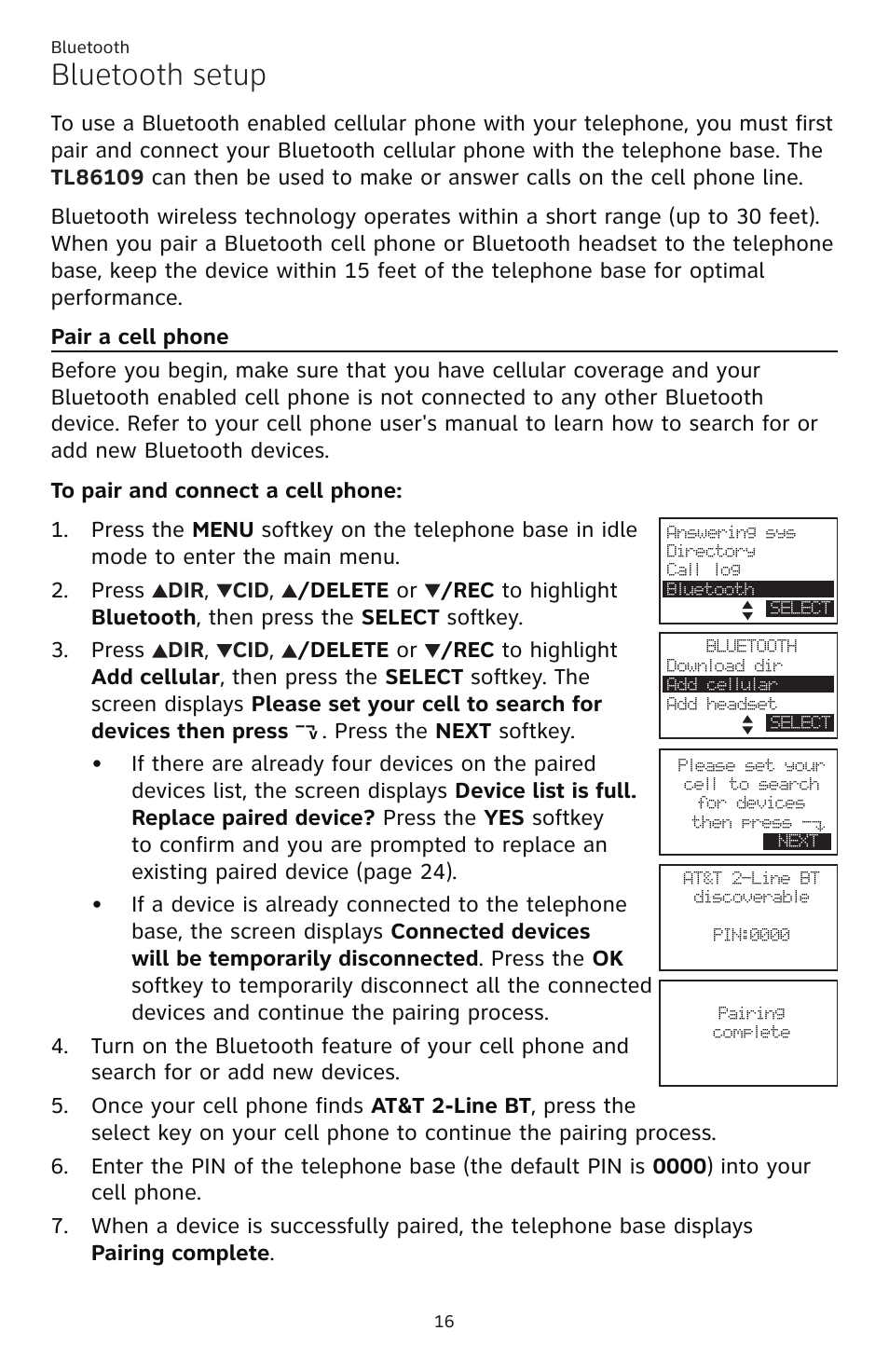Bluetooth setup, Pair a cell phone | AT&T TL86109 User Manual | Page 22 / 166