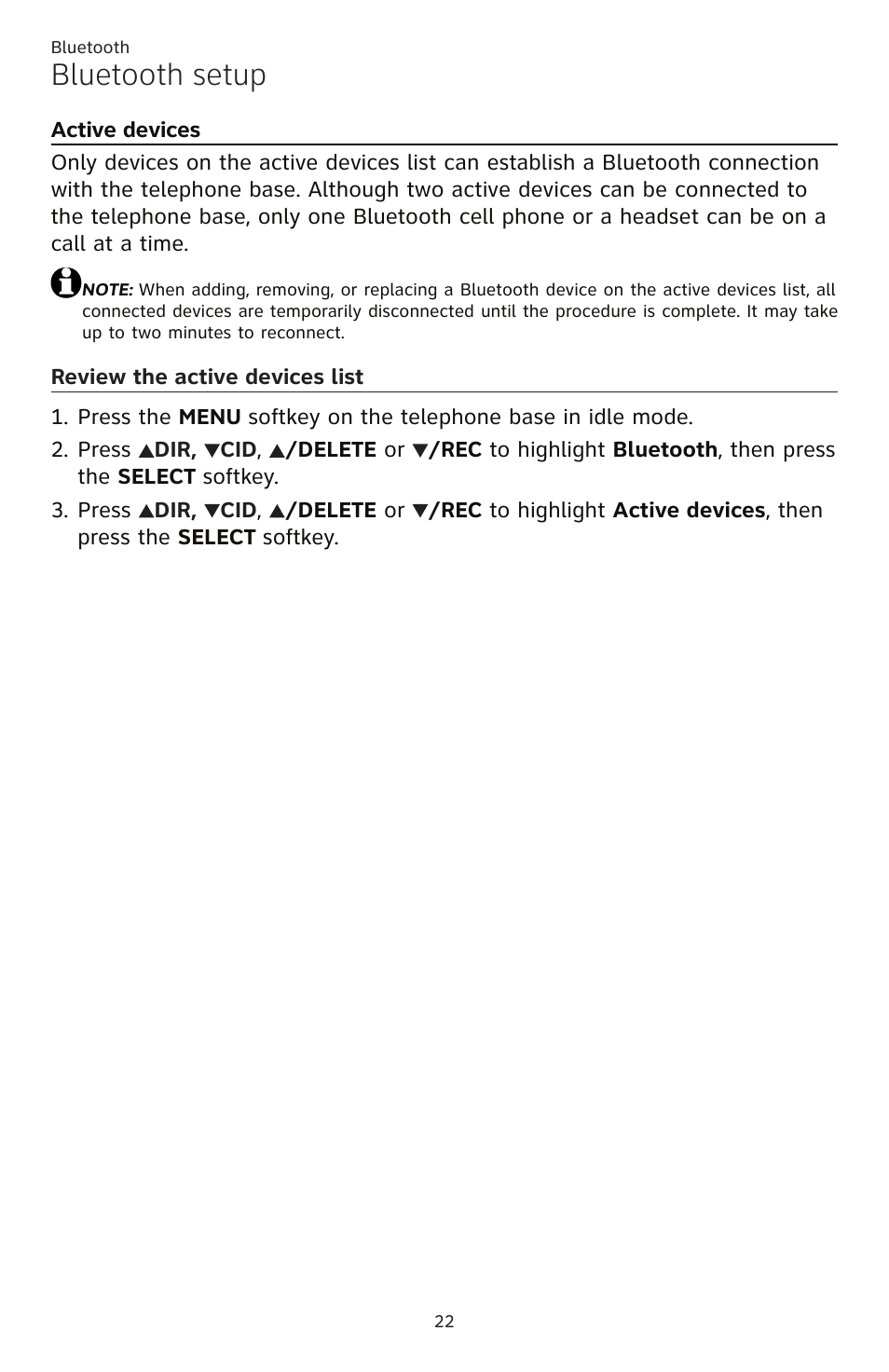 Active devices review the active devices list, Bluetooth setup | AT&T TL86109 User Manual | Page 28 / 166