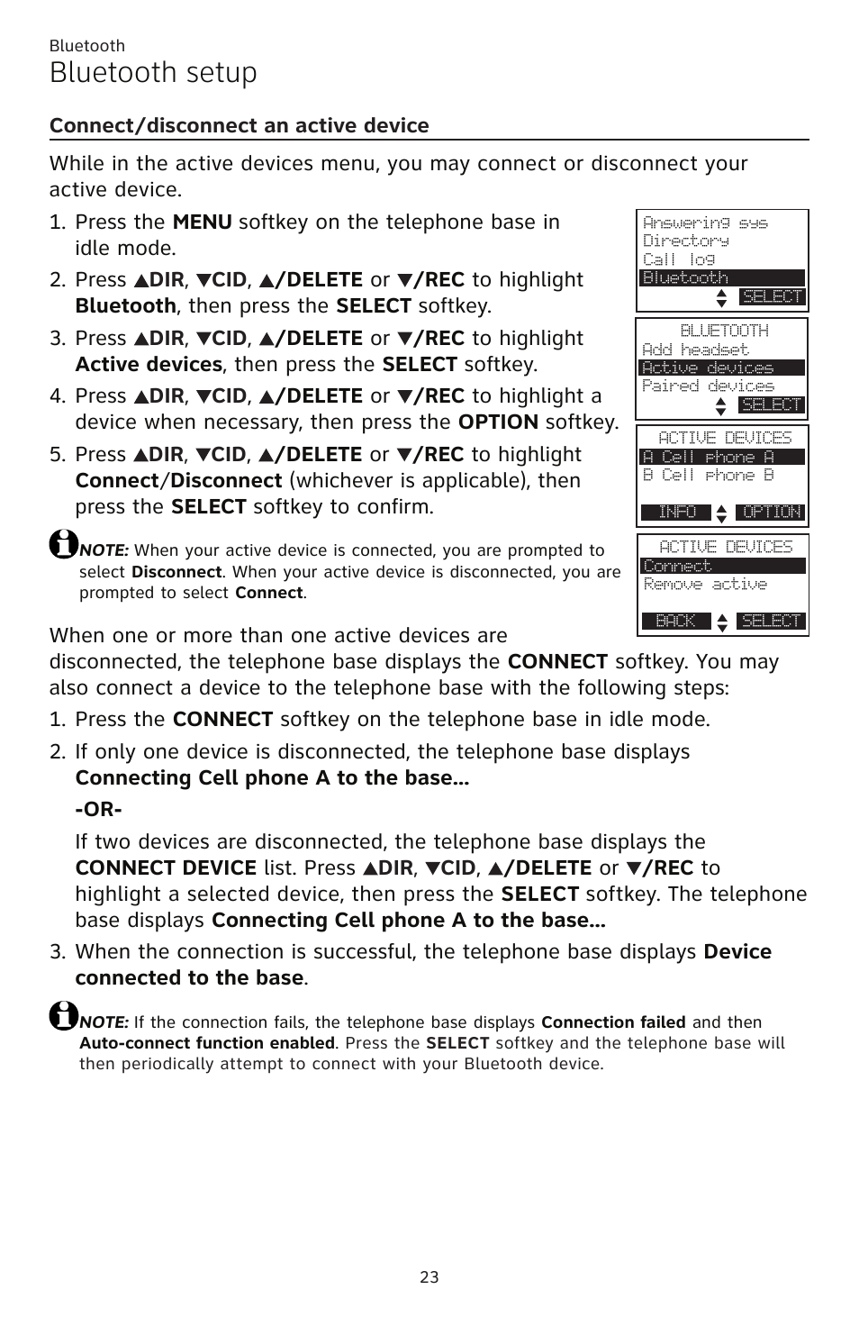 Connect/disconnect an active device, Bluetooth setup | AT&T TL86109 User Manual | Page 29 / 166