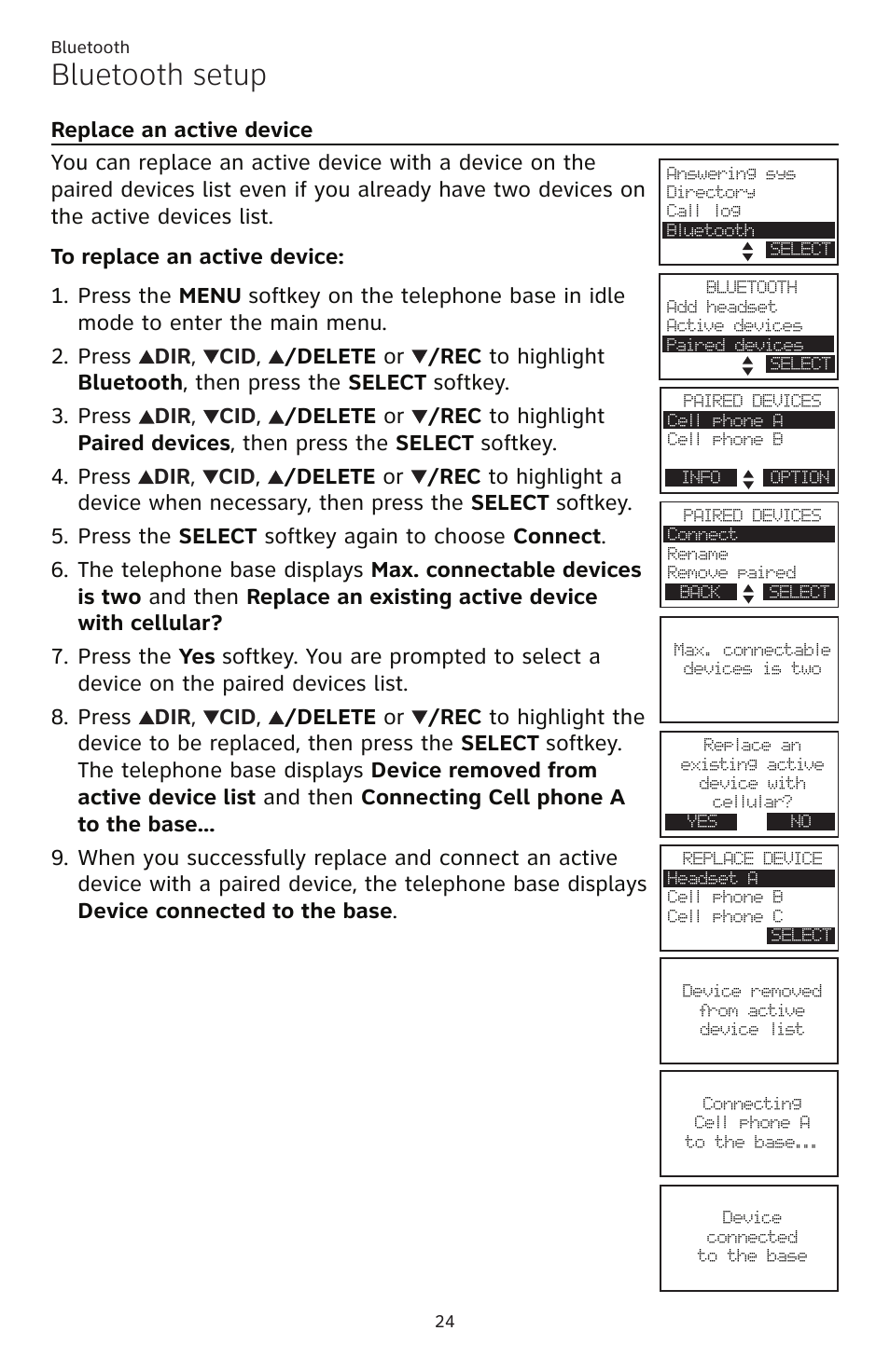 Replace an active device, Bluetooth setup | AT&T TL86109 User Manual | Page 30 / 166