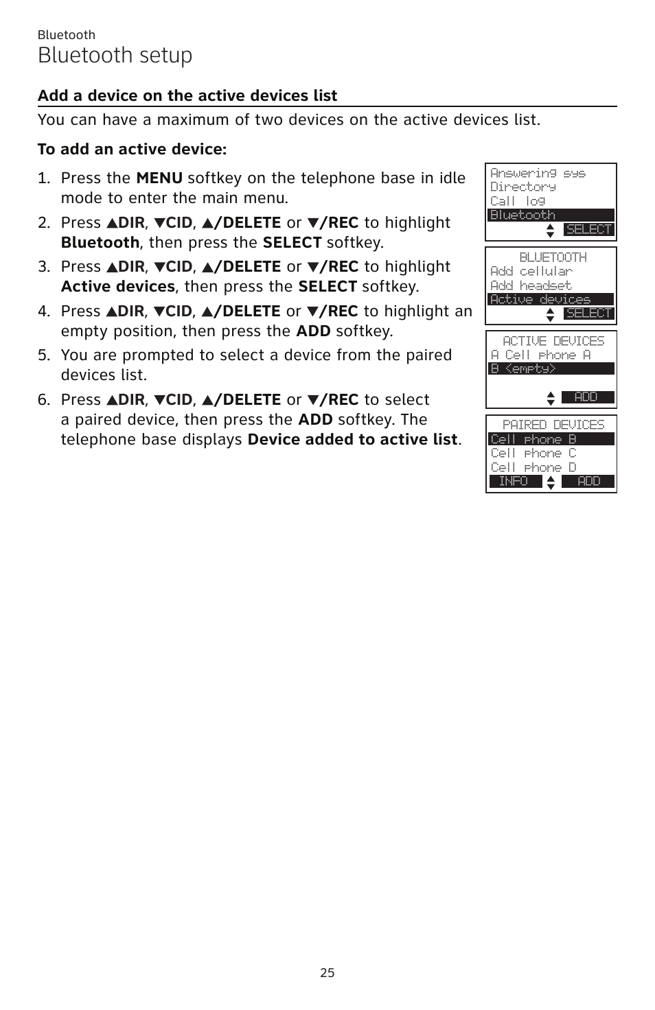 Add a device on the active devices list, Bluetooth setup | AT&T TL86109 User Manual | Page 31 / 166