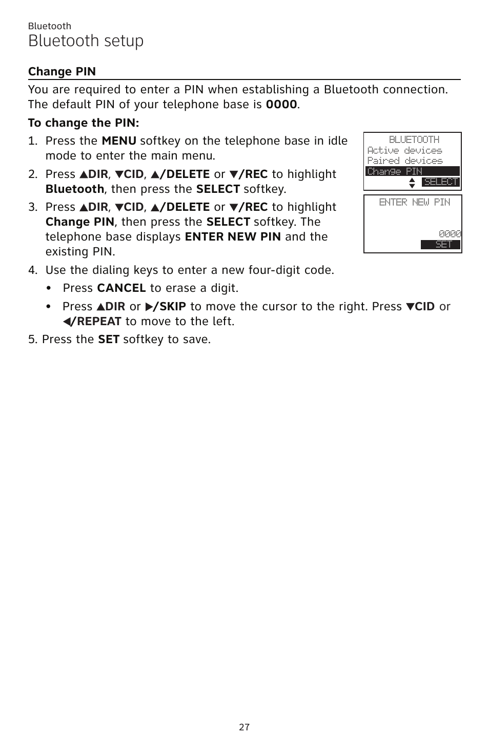 Change pin, Bluetooth setup | AT&T TL86109 User Manual | Page 33 / 166