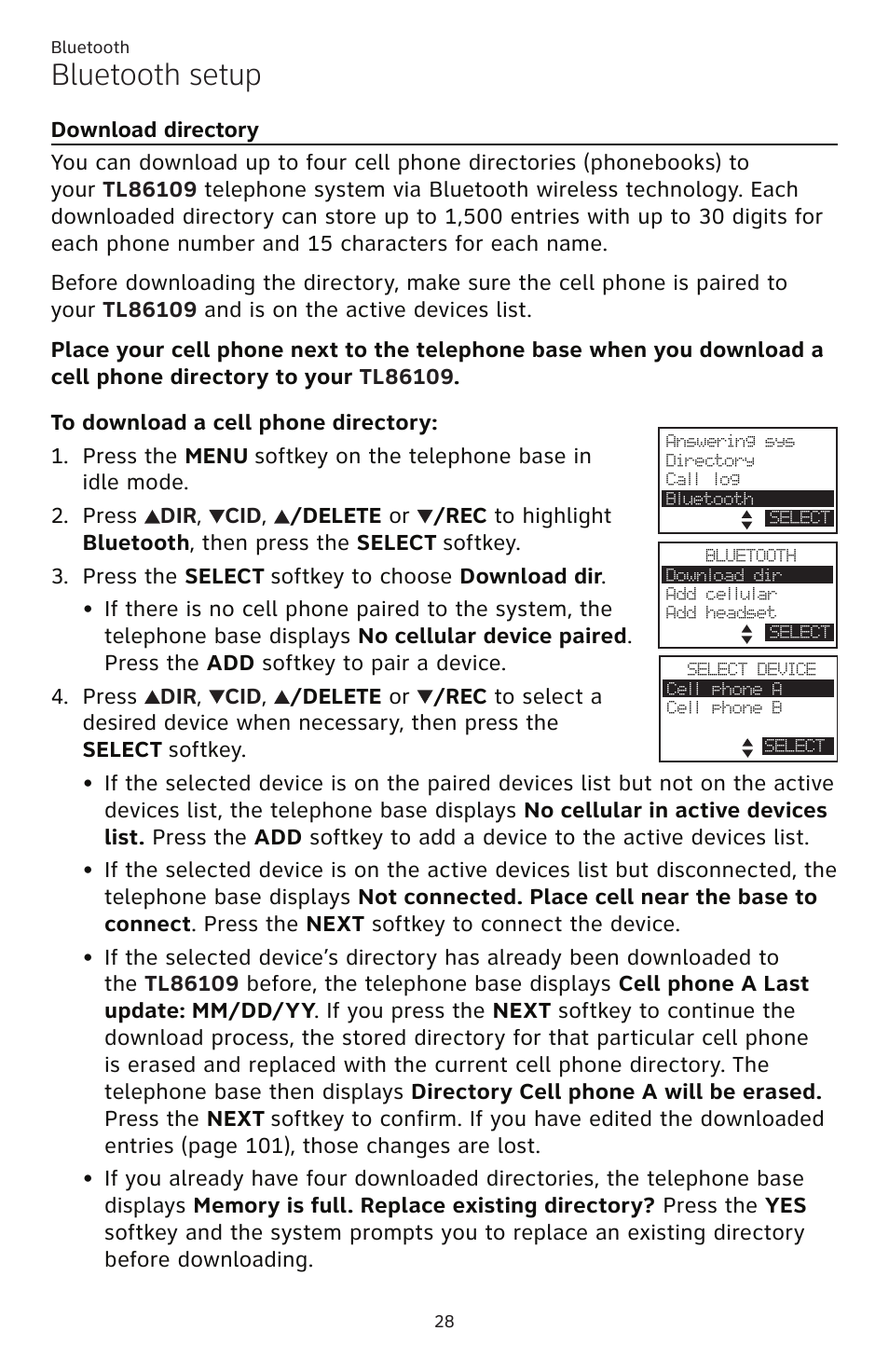 Download directory, Bluetooth setup | AT&T TL86109 User Manual | Page 34 / 166