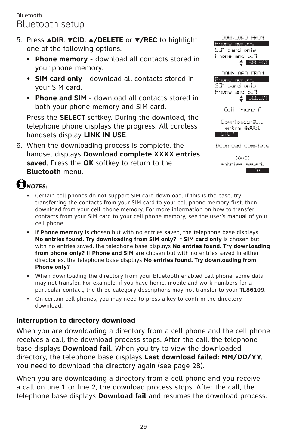 Interruption to directory download, Bluetooth setup | AT&T TL86109 User Manual | Page 35 / 166