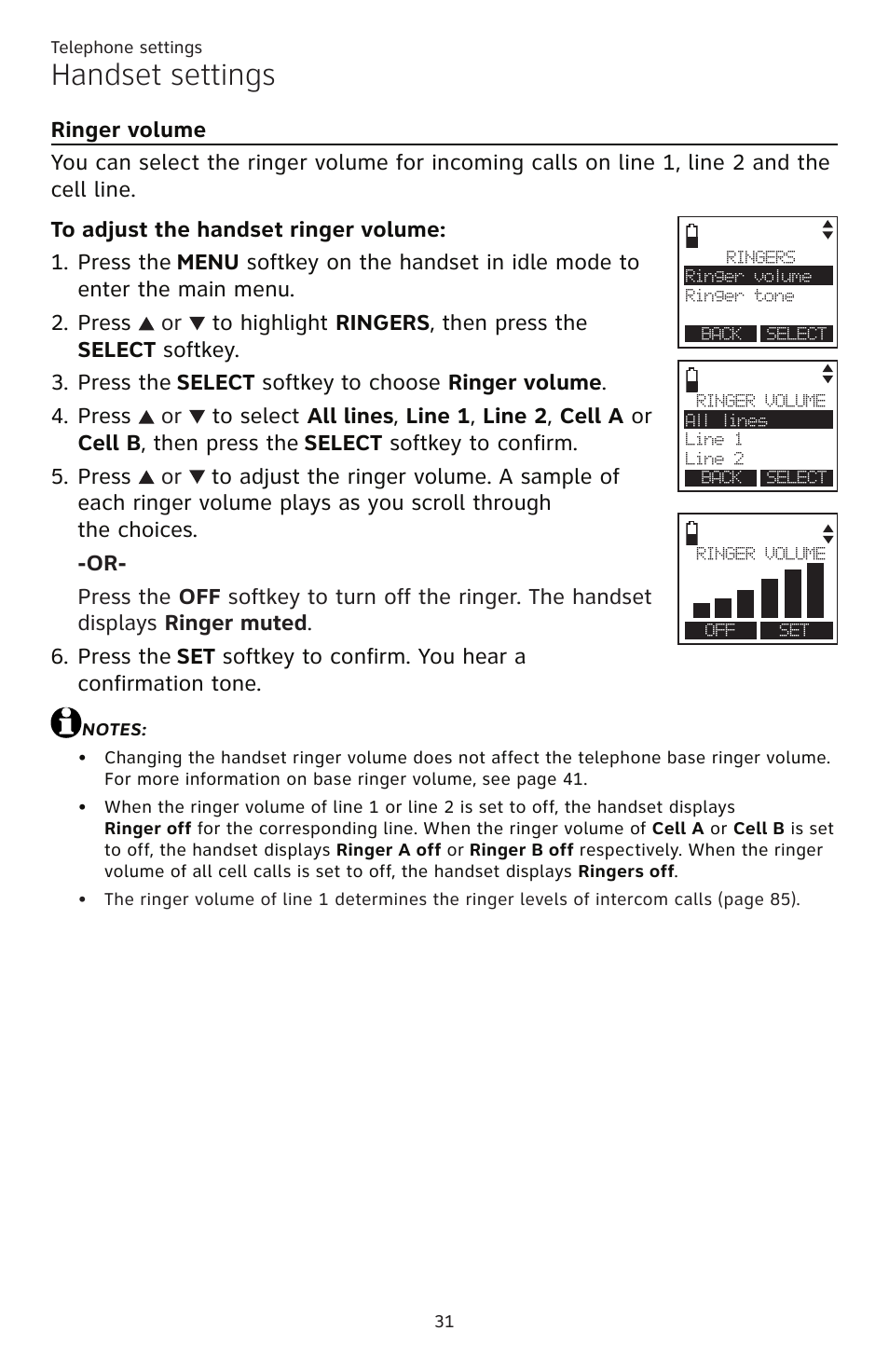 Telephone settings handset settings, Ringer volume, Handset settings | AT&T TL86109 User Manual | Page 37 / 166