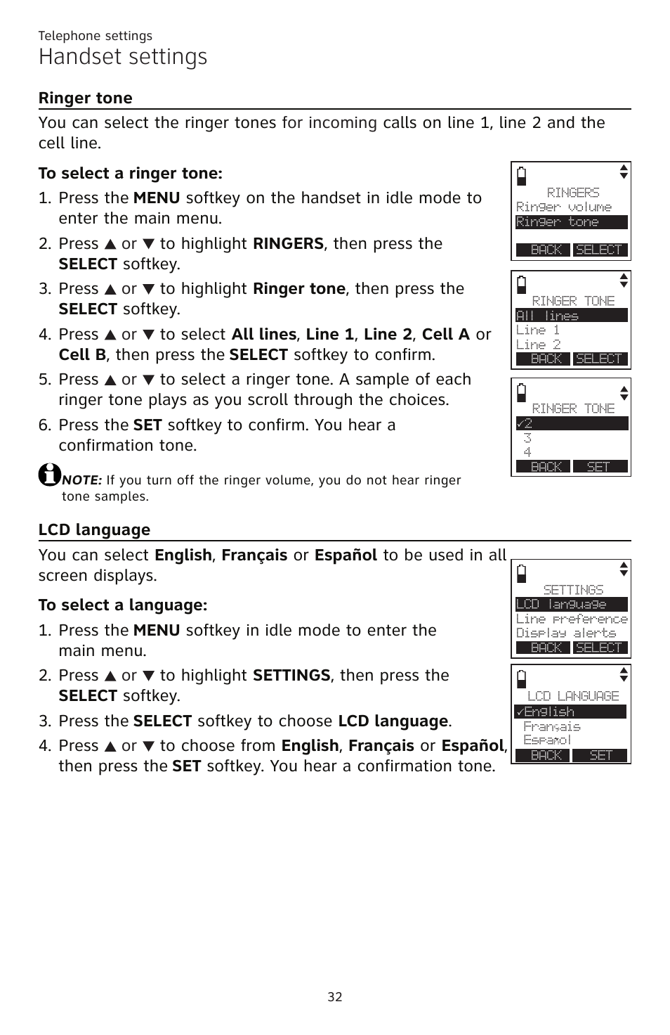 Ringer tone lcd language, Handset settings, Select softkey. press the | AT&T TL86109 User Manual | Page 38 / 166
