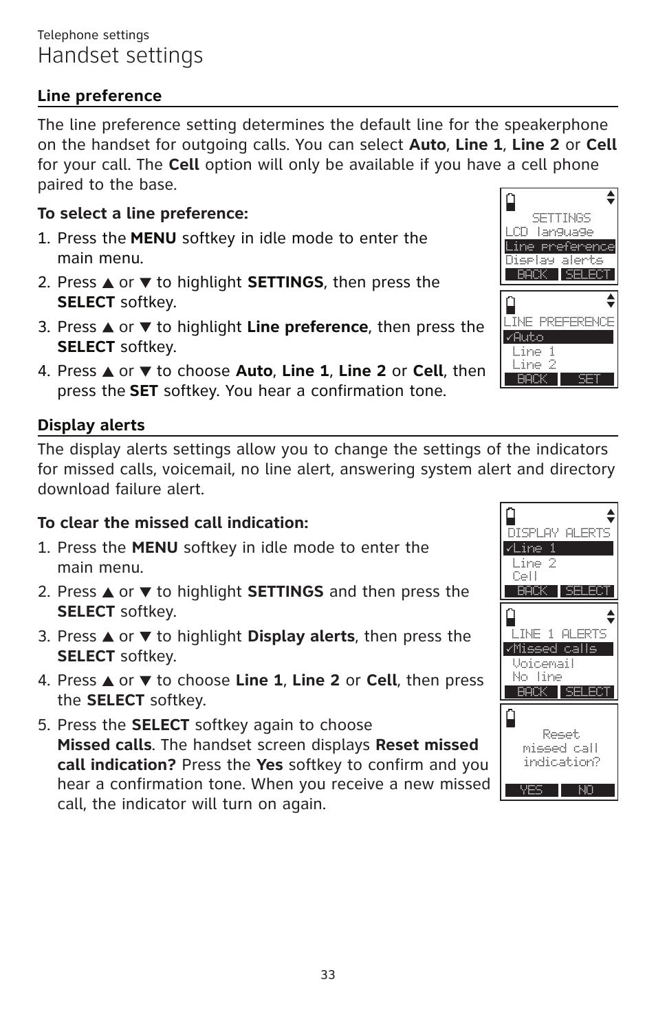 Line preference display alerts, Handset settings | AT&T TL86109 User Manual | Page 39 / 166