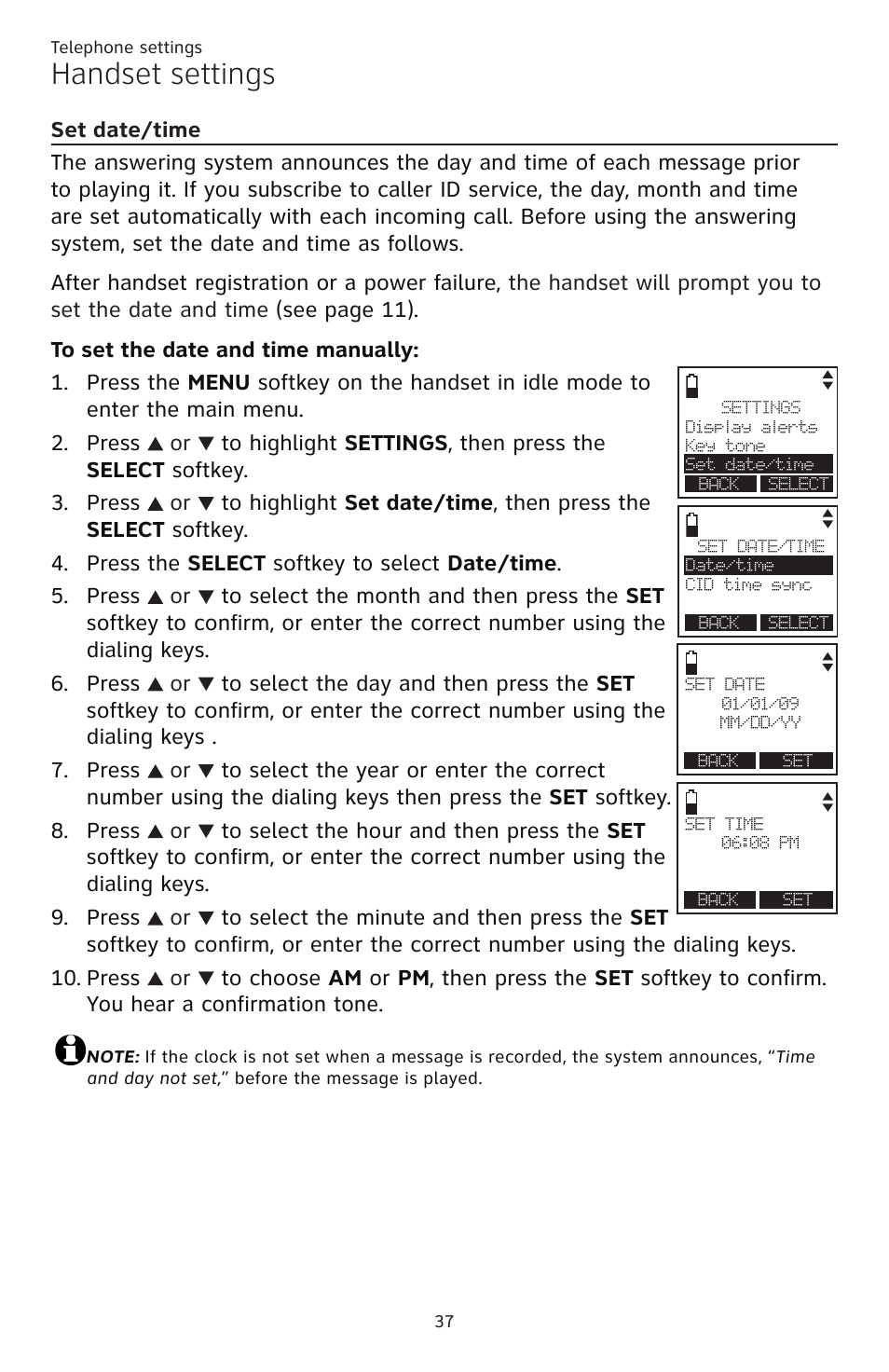 Set date/time, Handset settings | AT&T TL86109 User Manual | Page 43 / 166