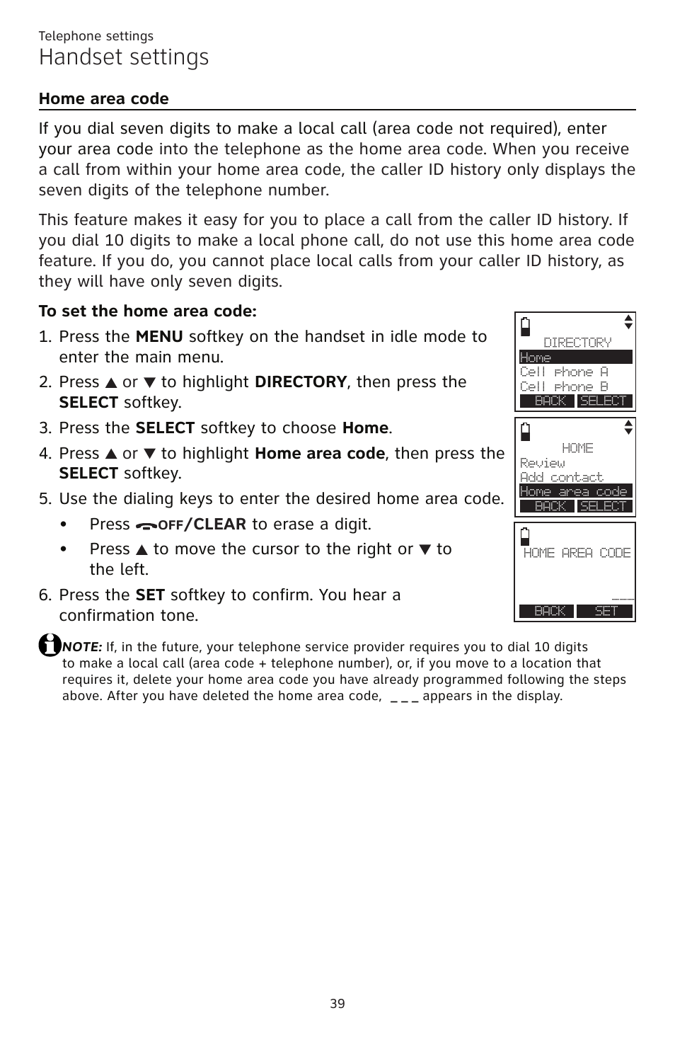 Home area code, Handset settings | AT&T TL86109 User Manual | Page 45 / 166