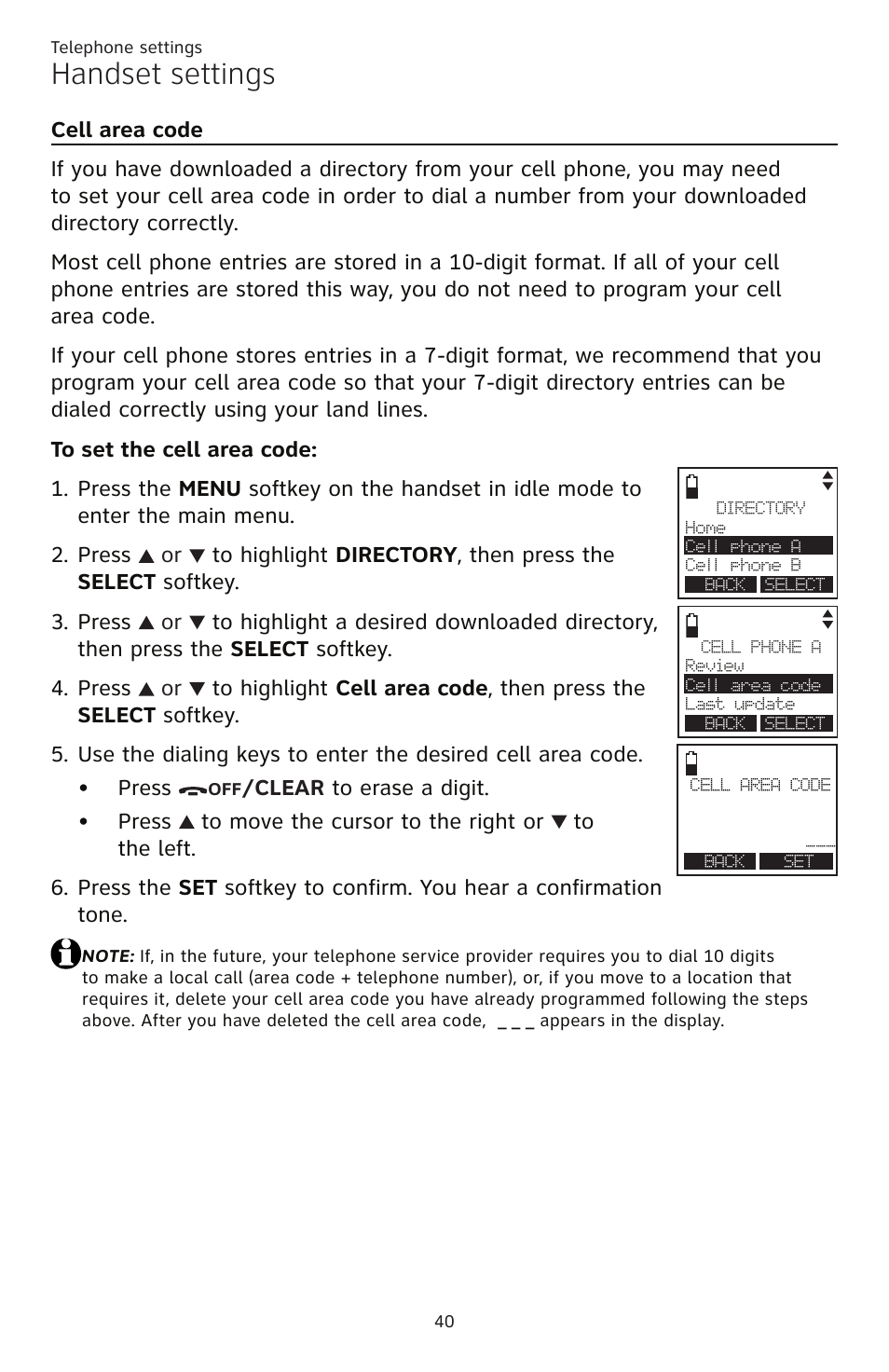 Cell area code, Handset settings | AT&T TL86109 User Manual | Page 46 / 166