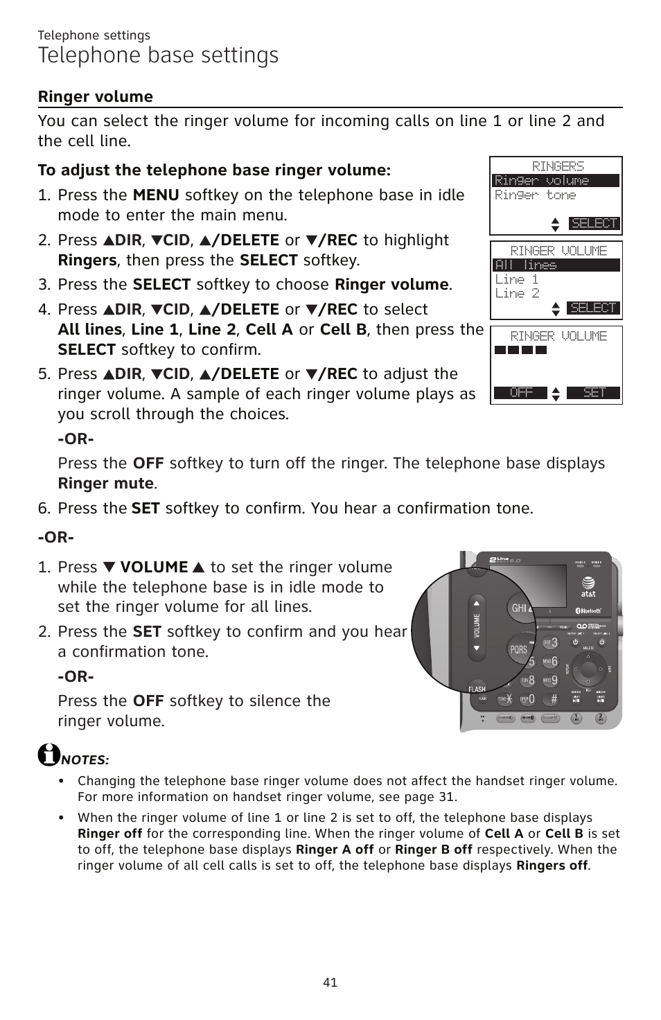 Telephone base settings, Ringer volume | AT&T TL86109 User Manual | Page 47 / 166