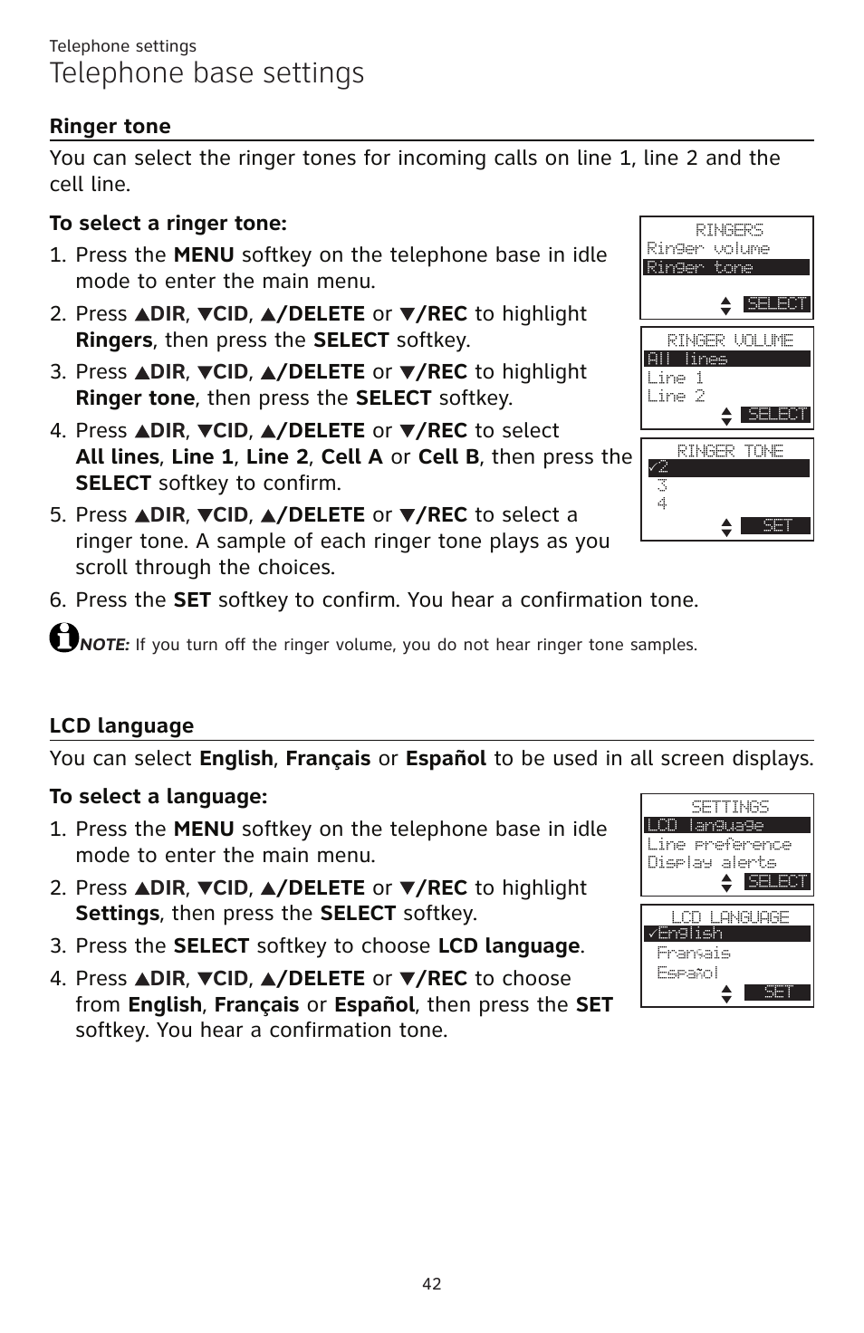Ringer tone lcd language, Telephone base settings | AT&T TL86109 User Manual | Page 48 / 166