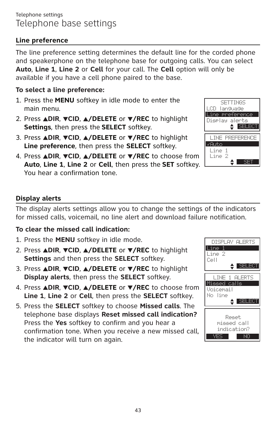 Line preference display alerts, Telephone base settings | AT&T TL86109 User Manual | Page 49 / 166