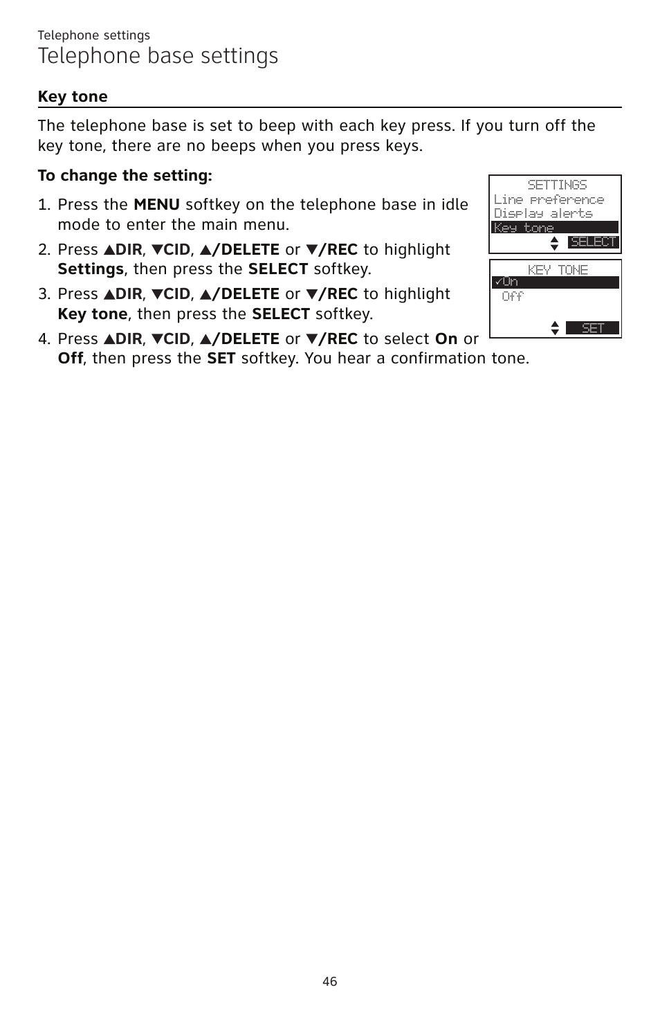 Key tone, Telephone base settings | AT&T TL86109 User Manual | Page 52 / 166