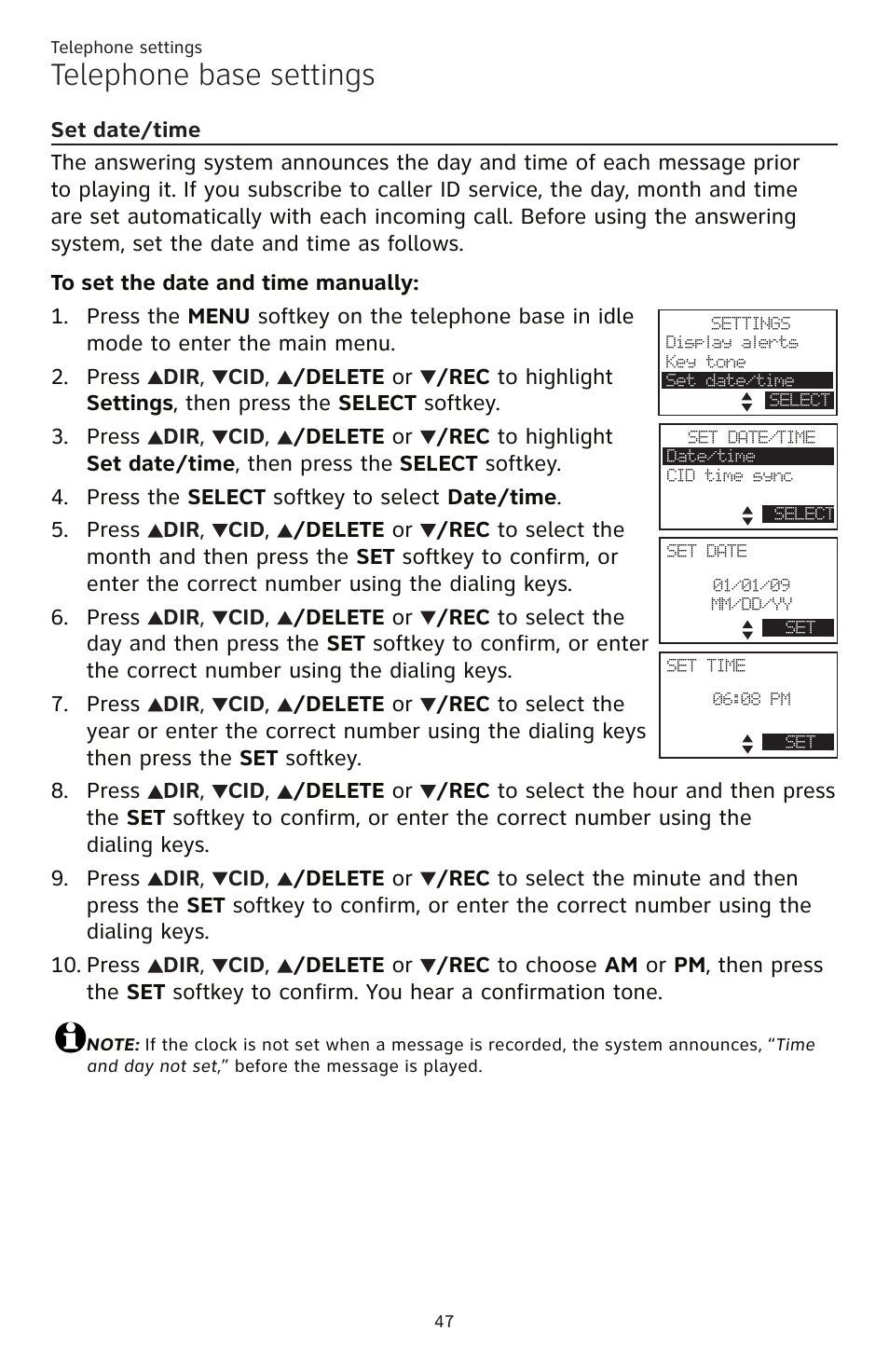 Set date/time, Telephone base settings | AT&T TL86109 User Manual | Page 53 / 166