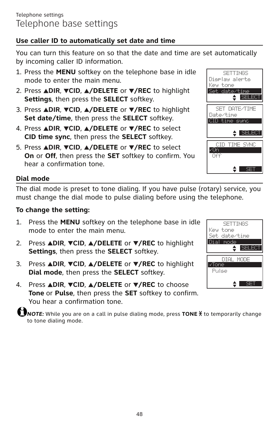 Telephone base settings | AT&T TL86109 User Manual | Page 54 / 166