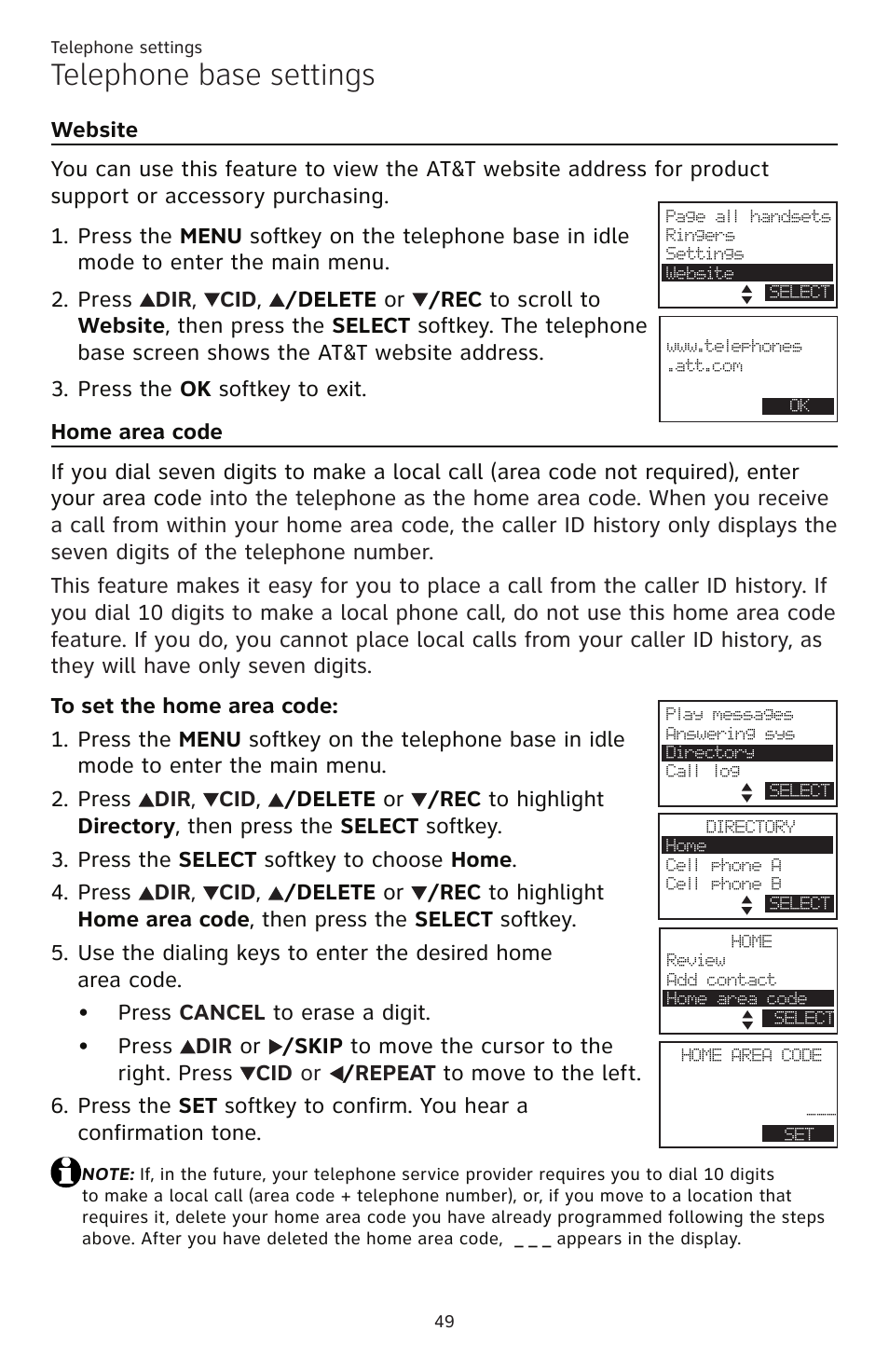 Website, Home area code, Telephone base settings | AT&T TL86109 User Manual | Page 55 / 166