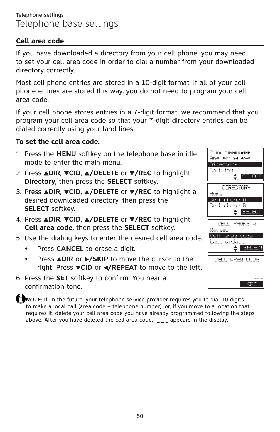 Cell area code, Telephone base settings | AT&T TL86109 User Manual | Page 56 / 166
