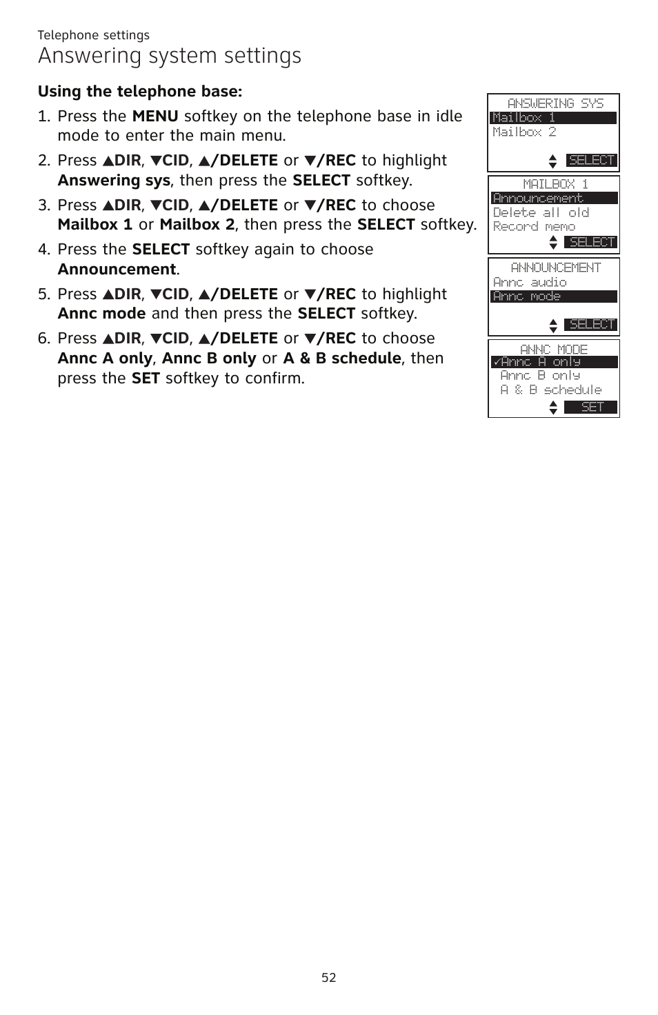 Answering system settings | AT&T TL86109 User Manual | Page 58 / 166