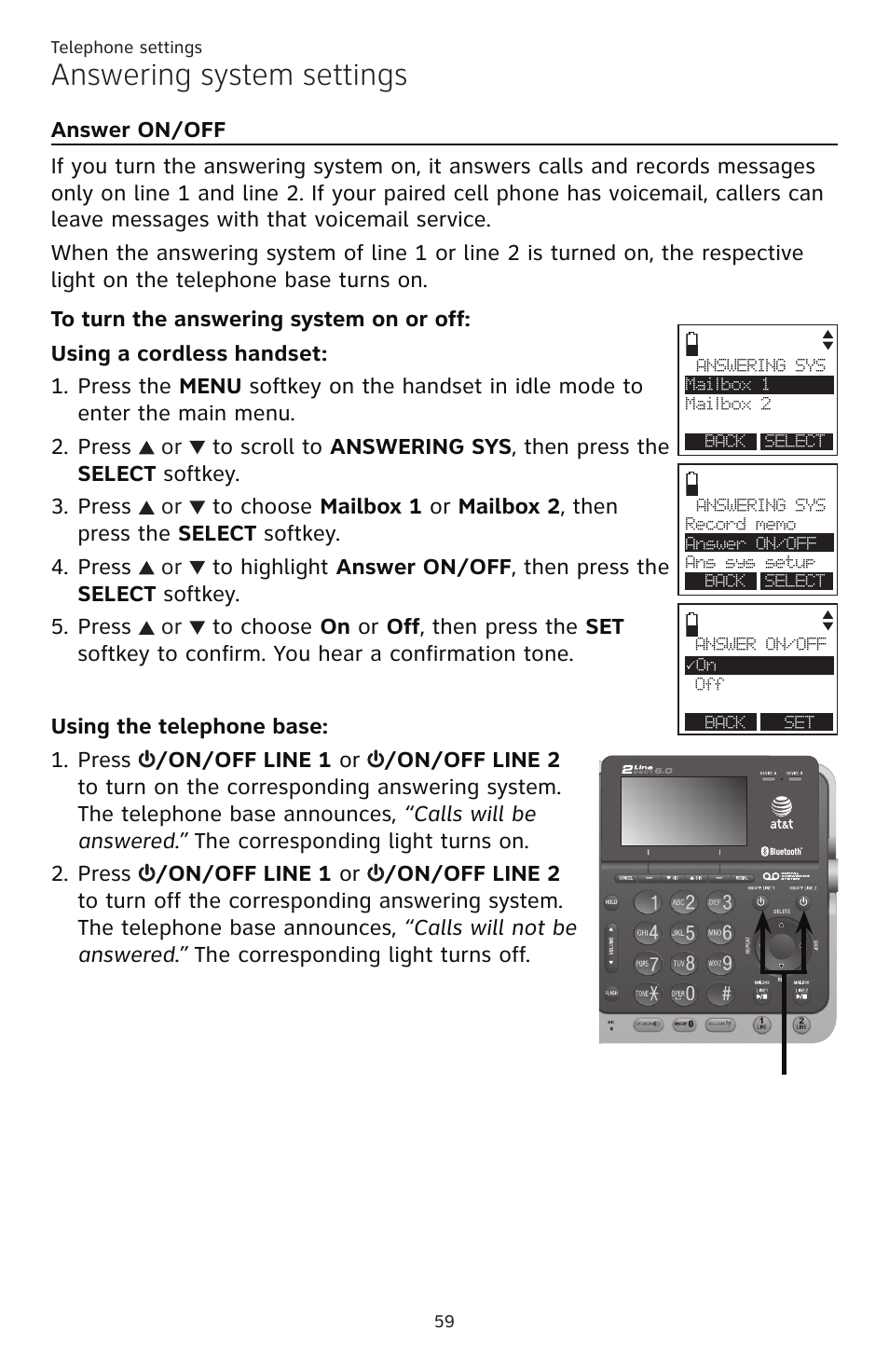 Answer on/off, Answering system settings | AT&T TL86109 User Manual | Page 65 / 166