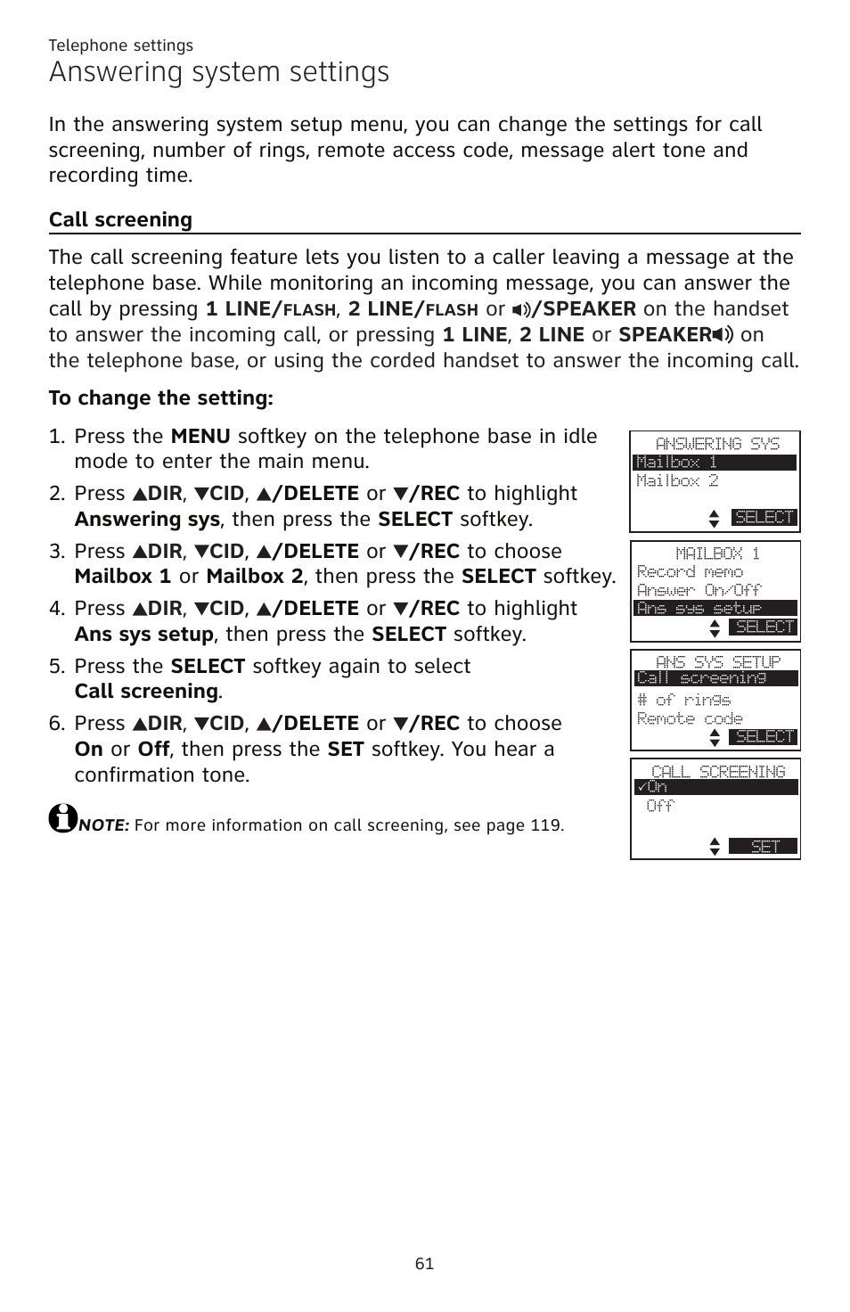 Call screening, Answering system settings | AT&T TL86109 User Manual | Page 67 / 166