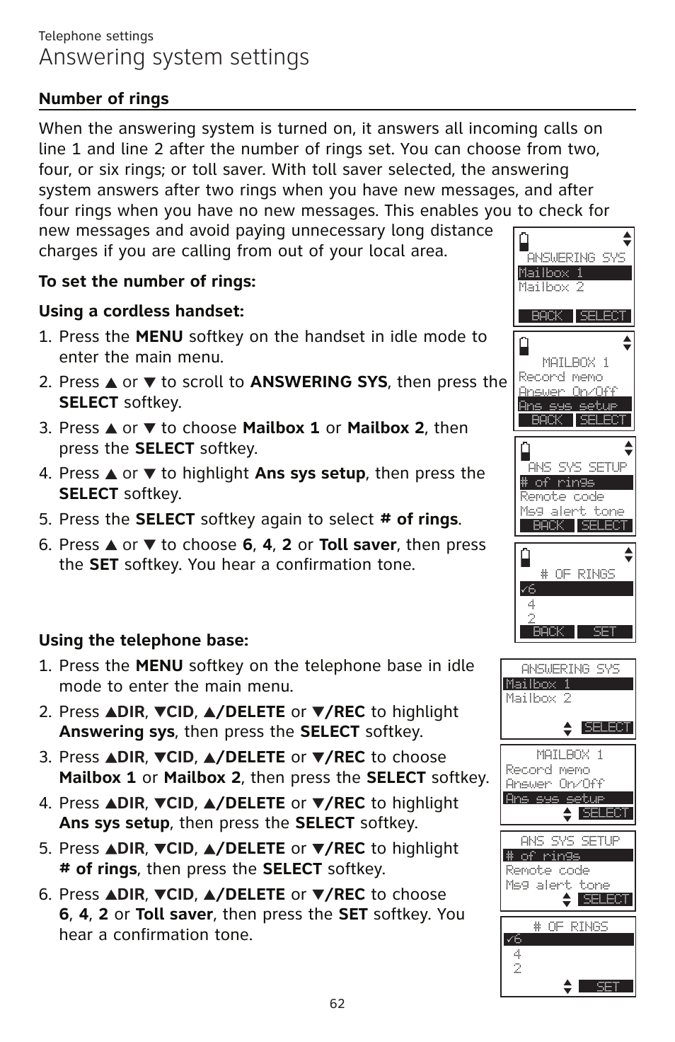 Number of rings, Answering system settings | AT&T TL86109 User Manual | Page 68 / 166