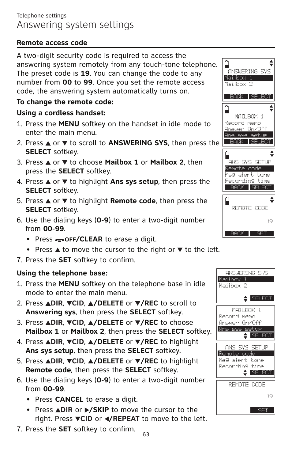 Remote access code, Answering system settings | AT&T TL86109 User Manual | Page 69 / 166
