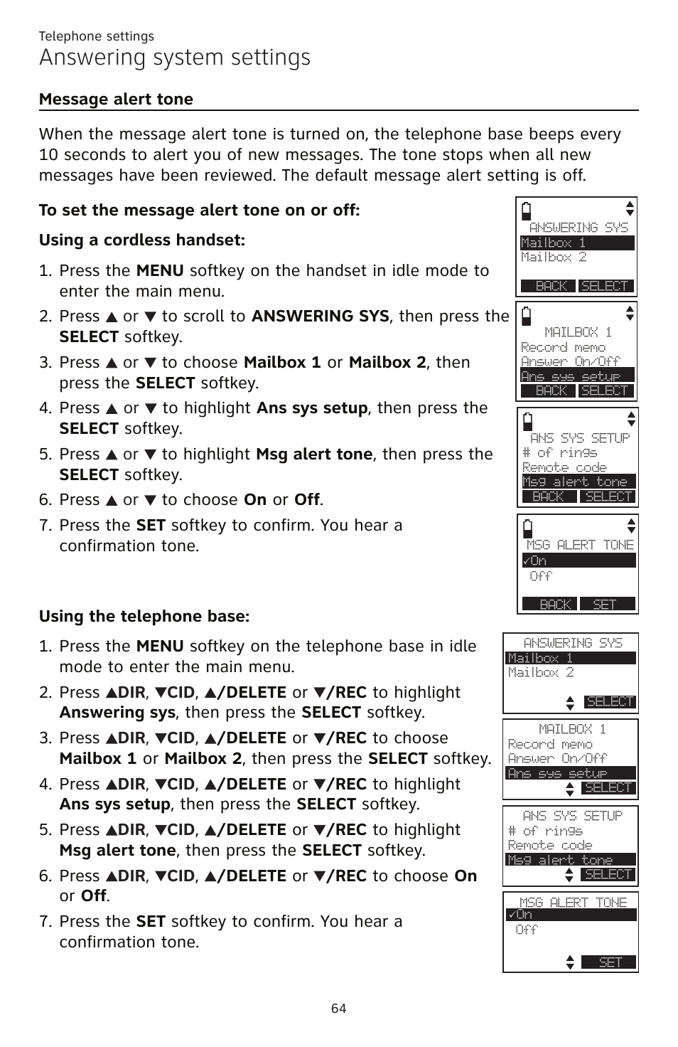 Message alert tone, Answering system settings | AT&T TL86109 User Manual | Page 70 / 166