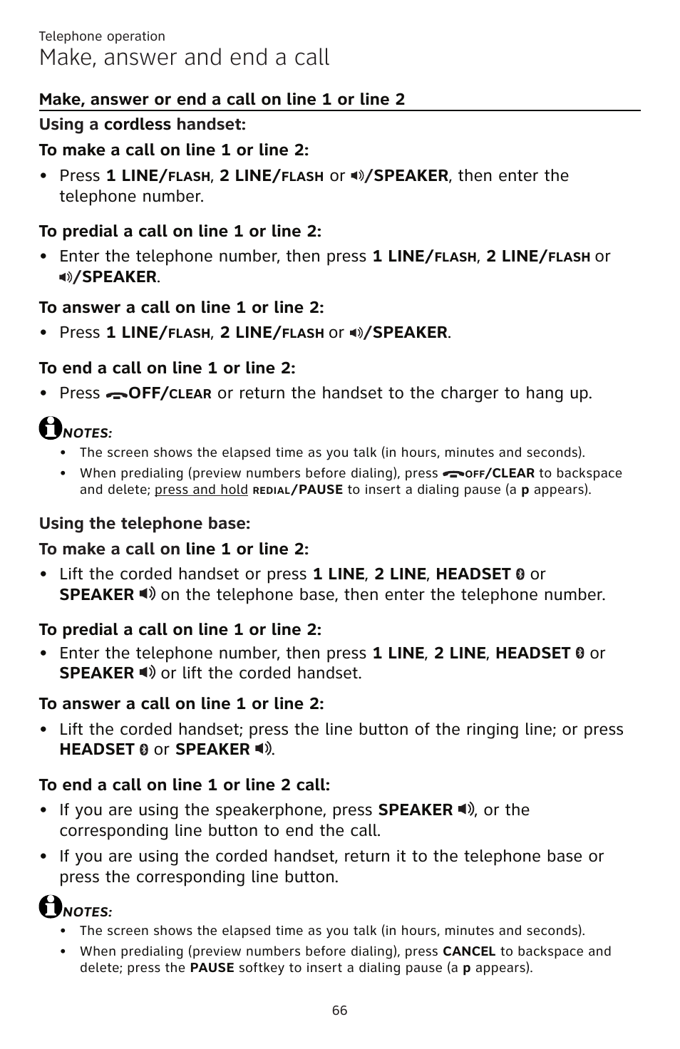 Telephone operation make, answer and end a call, Make, answer or end a call on line 1 or line 2, Make, answer and end a call | AT&T TL86109 User Manual | Page 72 / 166