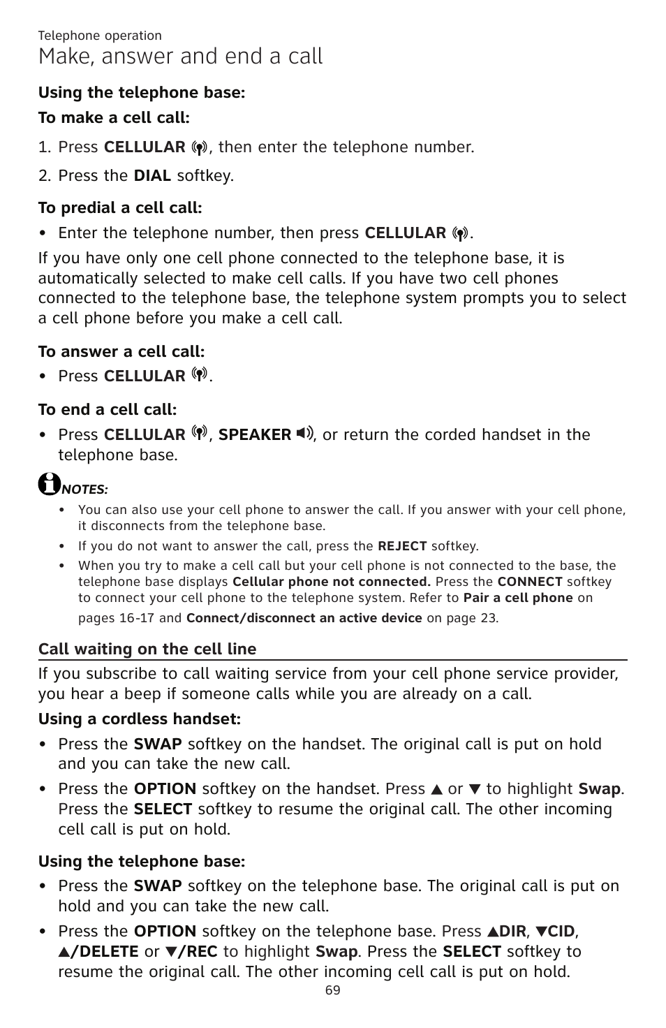 Call waiting on the cell line, Make, answer and end a call | AT&T TL86109 User Manual | Page 75 / 166
