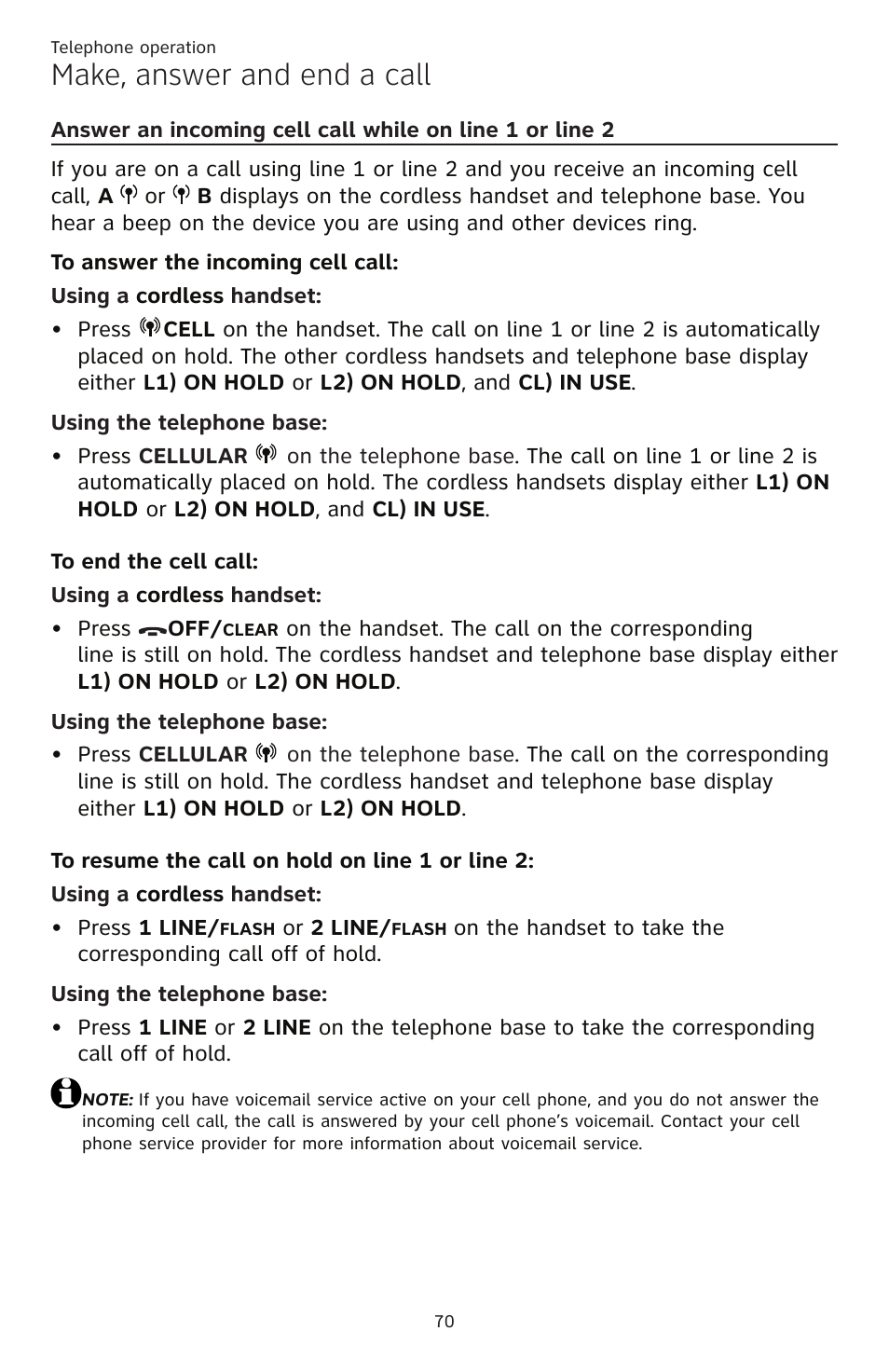 Answer an incoming cell call, While on line 1 or line 2, Make, answer and end a call | AT&T TL86109 User Manual | Page 76 / 166