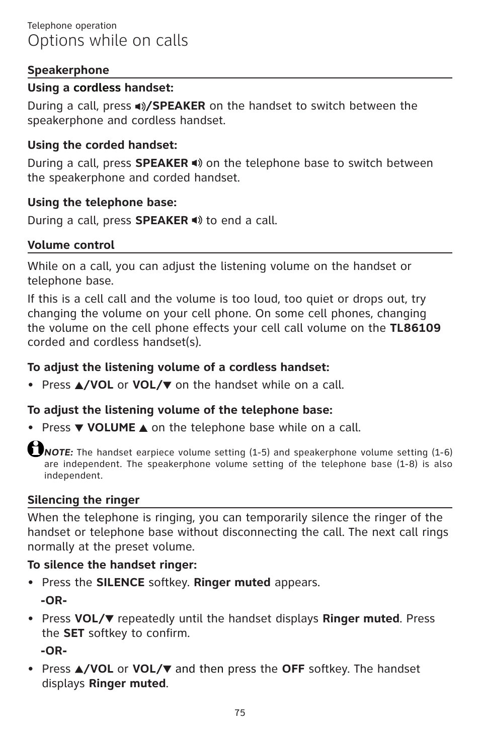 Speakerphone volume control silencing the ringer, Options while on calls | AT&T TL86109 User Manual | Page 81 / 166