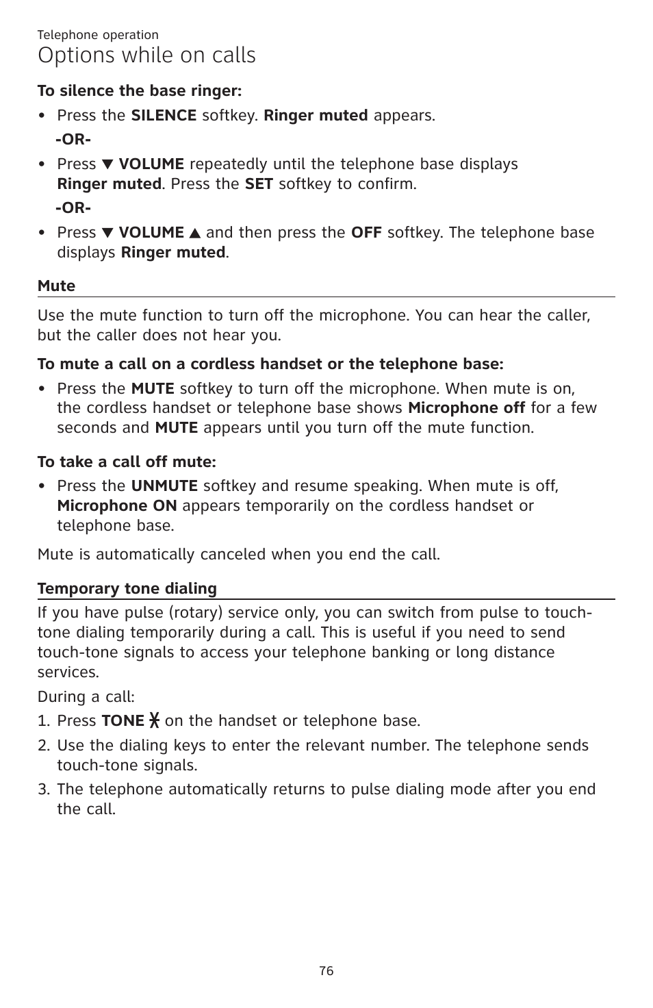 Mute temporary tone dialing, Options while on calls | AT&T TL86109 User Manual | Page 82 / 166
