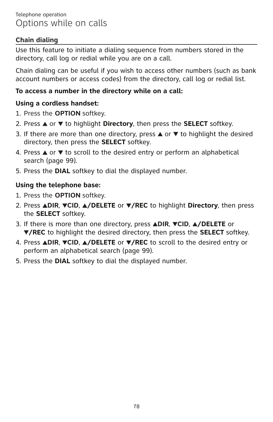 Chain dialing, Options while on calls | AT&T TL86109 User Manual | Page 84 / 166