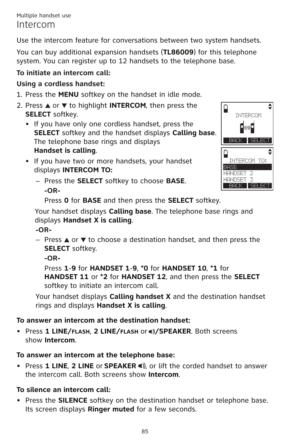 Multiple handset use intercom, Intercom | AT&T TL86109 User Manual | Page 91 / 166