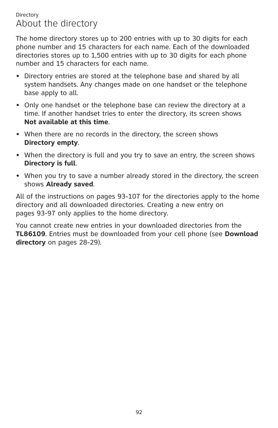 Directory about the directory, About the directory | AT&T TL86109 User Manual | Page 98 / 166