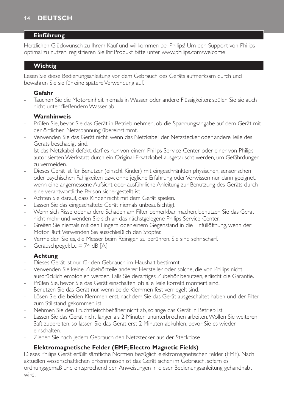 Deutsch, Einführung, Wichtig | Gefahr, Warnhinweis, Achtung | Philips HR1821 User Manual | Page 14 / 60