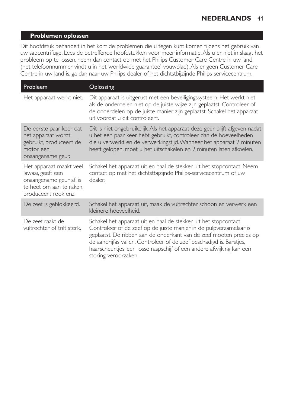 Het apparaat gebruiken, Schoonmaken, Milieu | Informatie & service | Philips HR1821 User Manual | Page 41 / 60