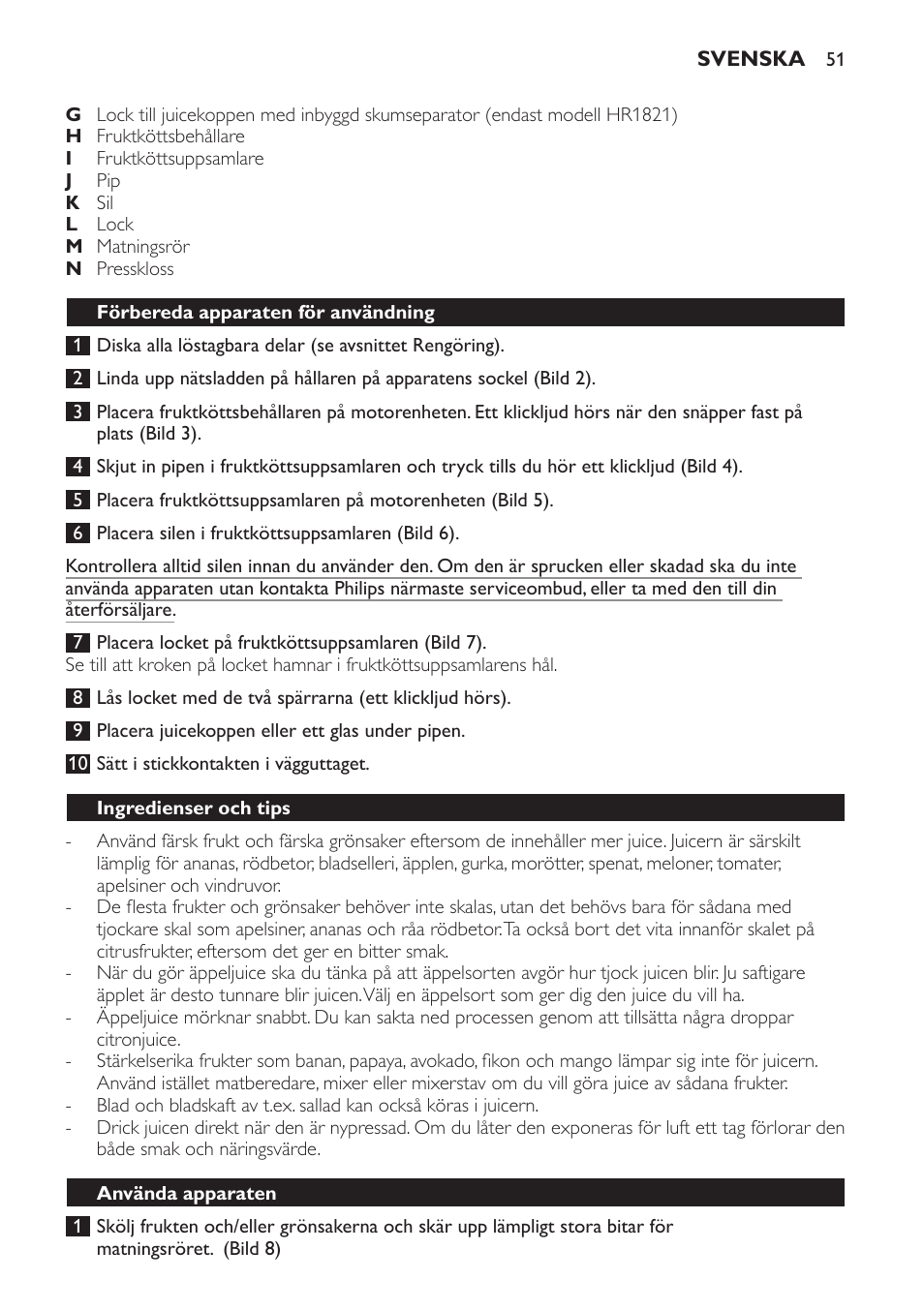 Svenska, Introduktion, Viktigt | Fara, Varning, Var försiktig, Elektromagnetiska fält (emf), Allmän beskrivning (bild 1) | Philips HR1821 User Manual | Page 51 / 60