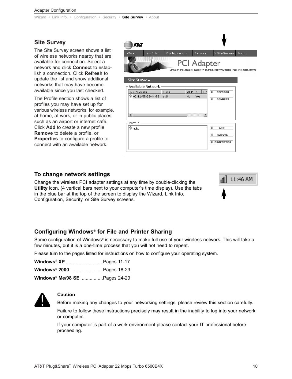 Site survey, Configuring windows, For file and printer sharing | AT&T Turbo 802.11b User Manual | Page 10 / 38