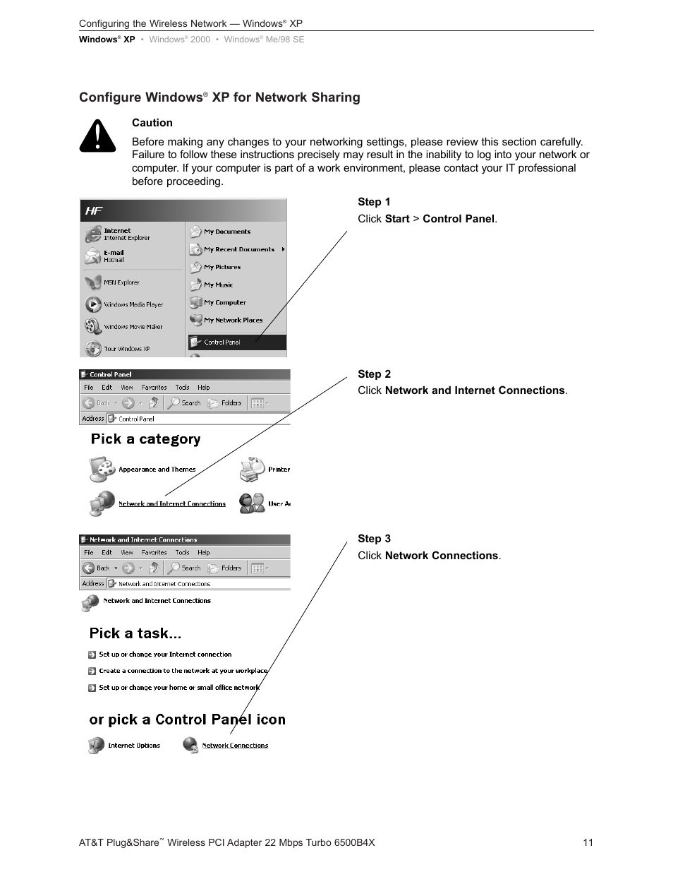 Configure windows, Xp for network sharing | AT&T Turbo 802.11b User Manual | Page 11 / 38