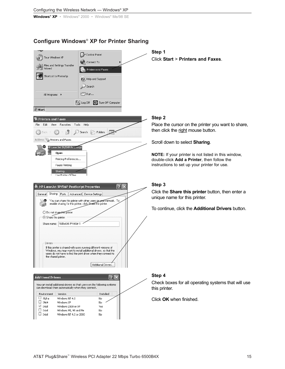 Configure windows, Xp for printer sharing | AT&T Turbo 802.11b User Manual | Page 15 / 38